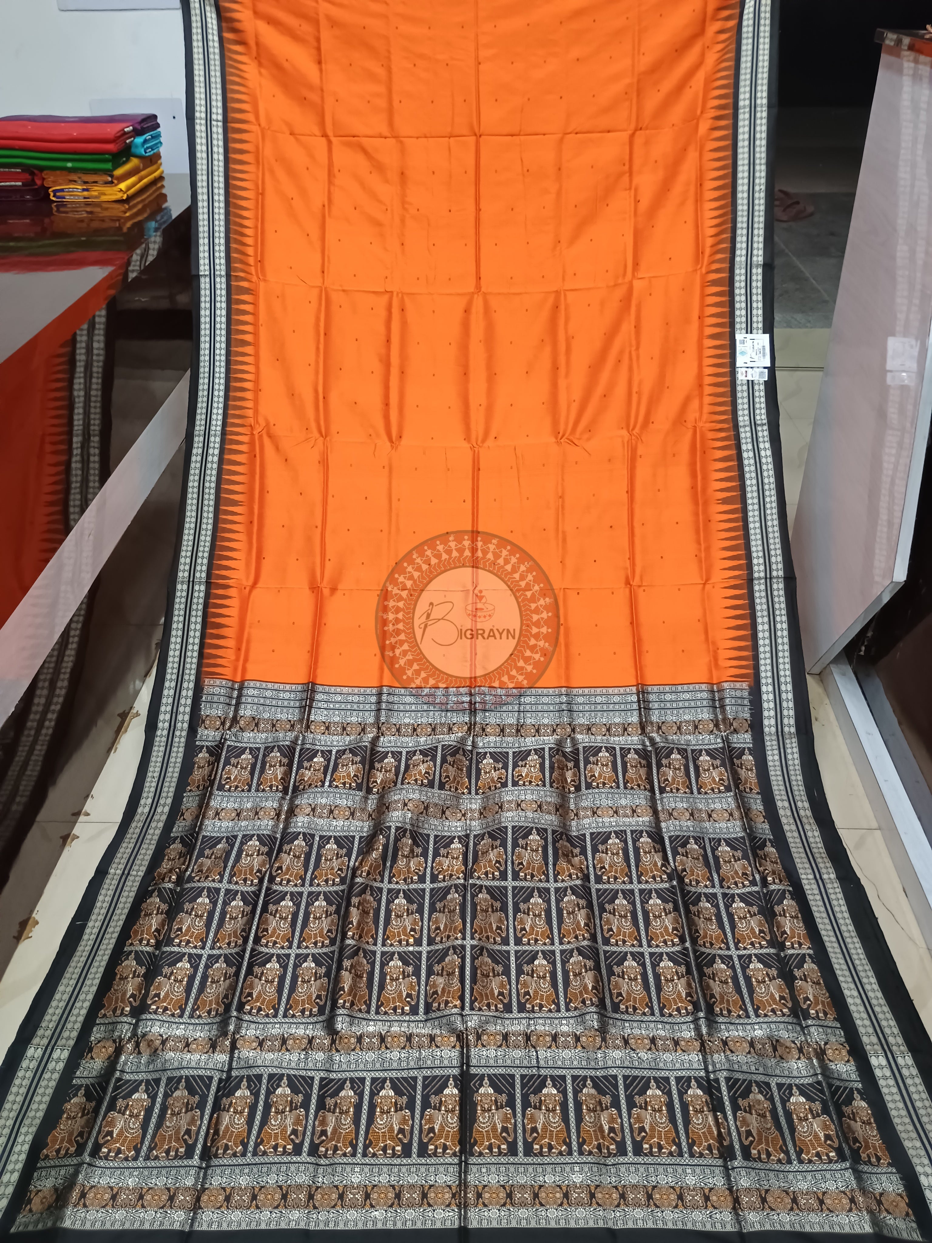 Orange Black Buti Bomkai Silk Saree