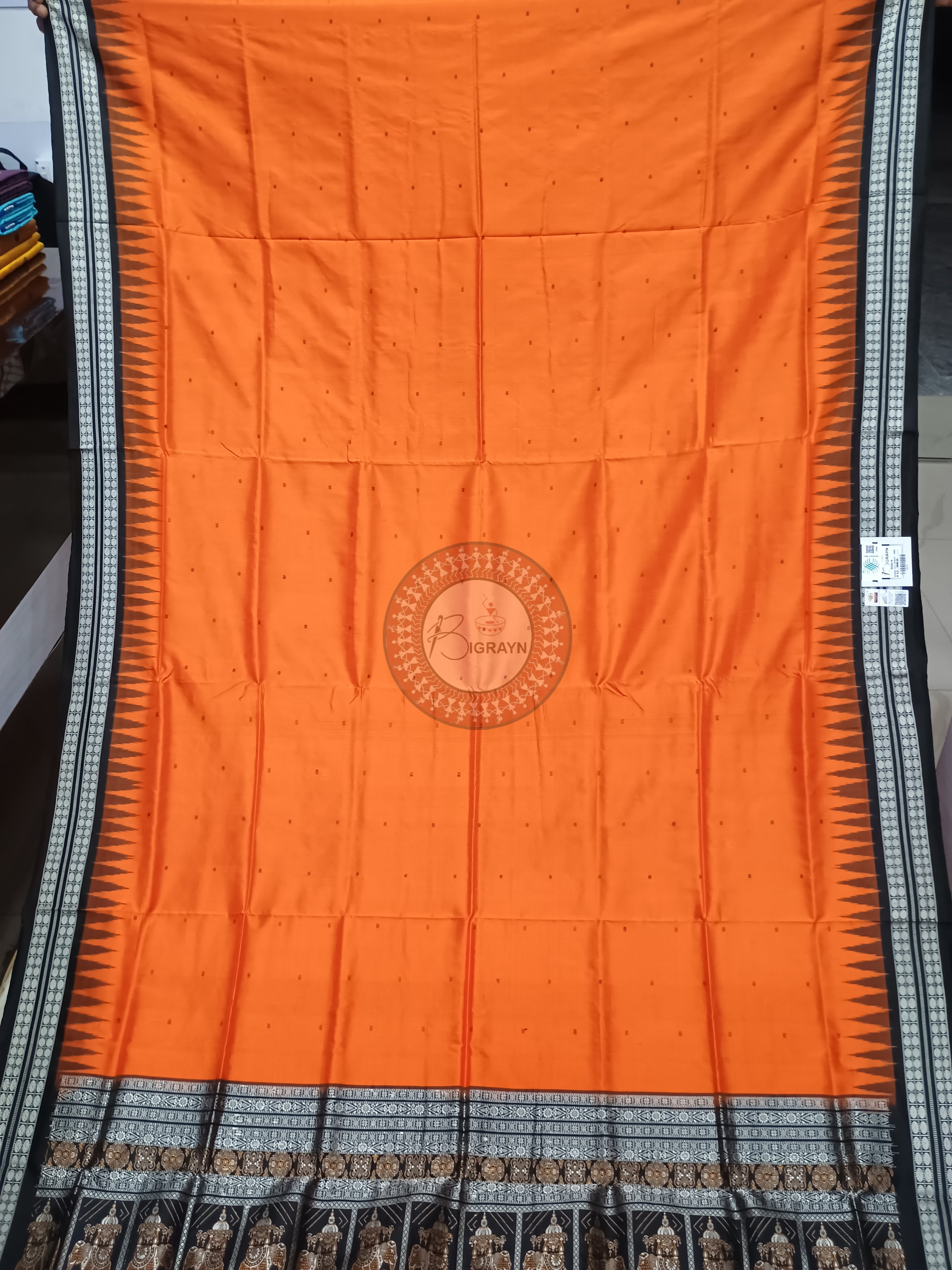 Orange Black Buti Bomkai Silk Saree