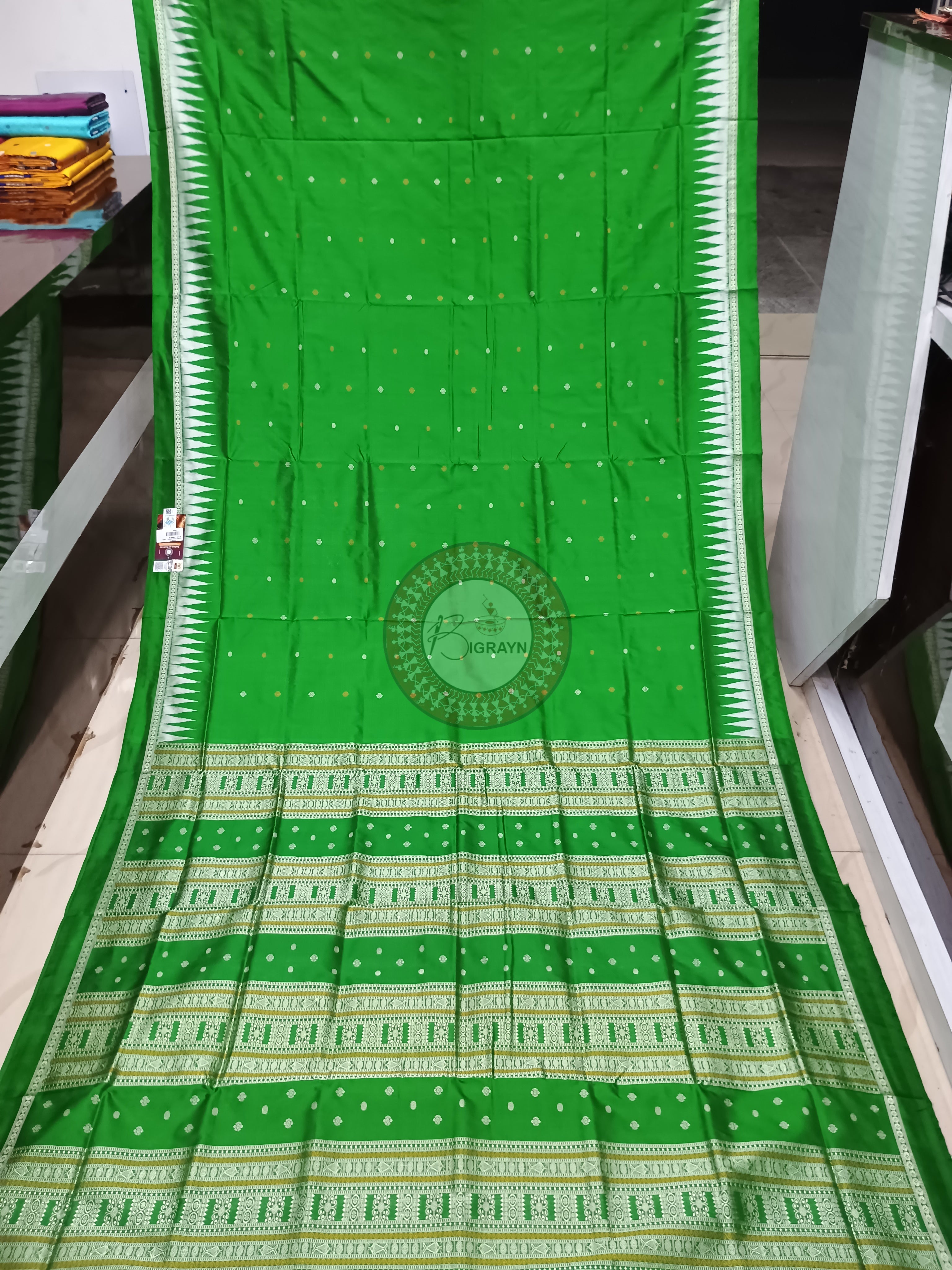 Green Silver Single Border Odisha Handloom Bomkai Silk Saree