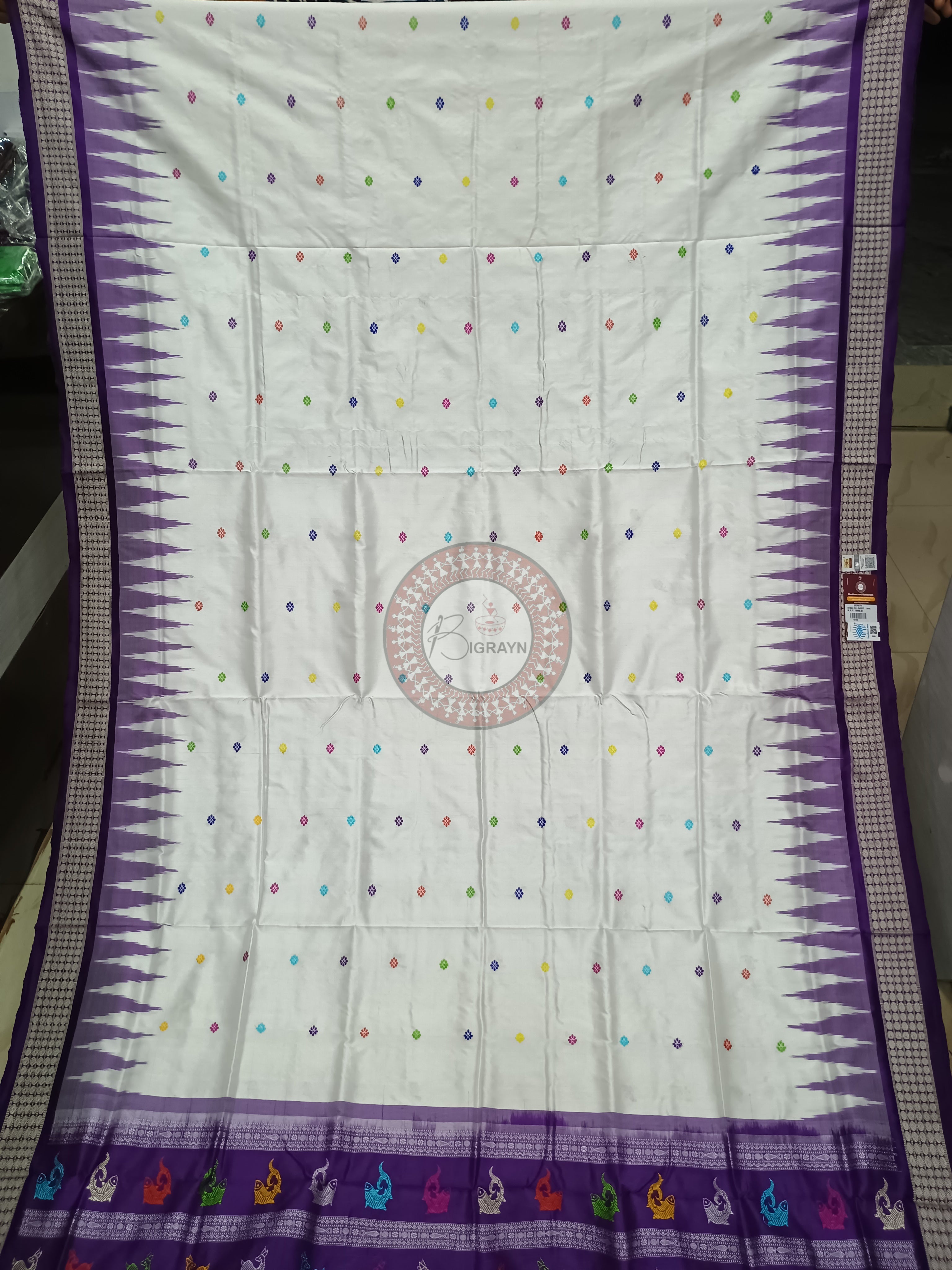 White Purple Animal Anchal Bomkai Silk Saree