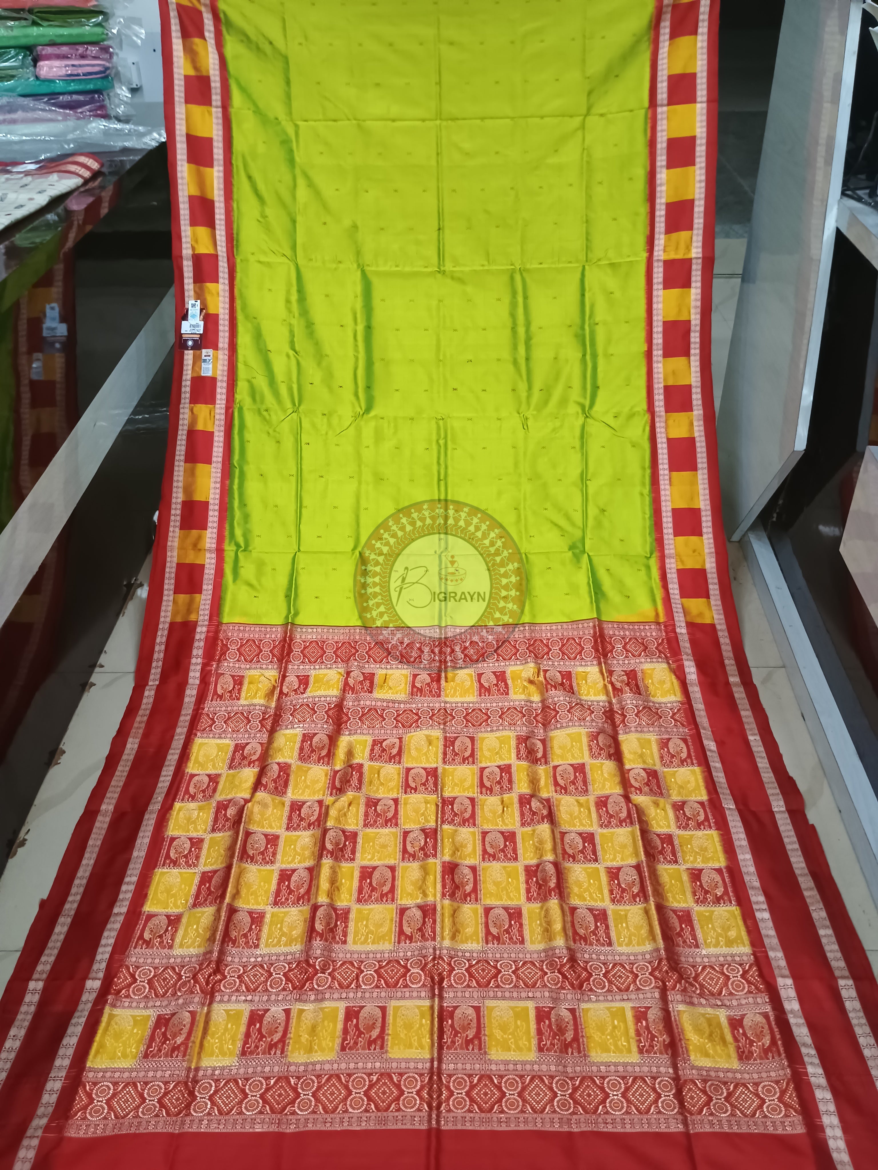 Neon Green Red Pasapali Border Bomkai Silk Saree