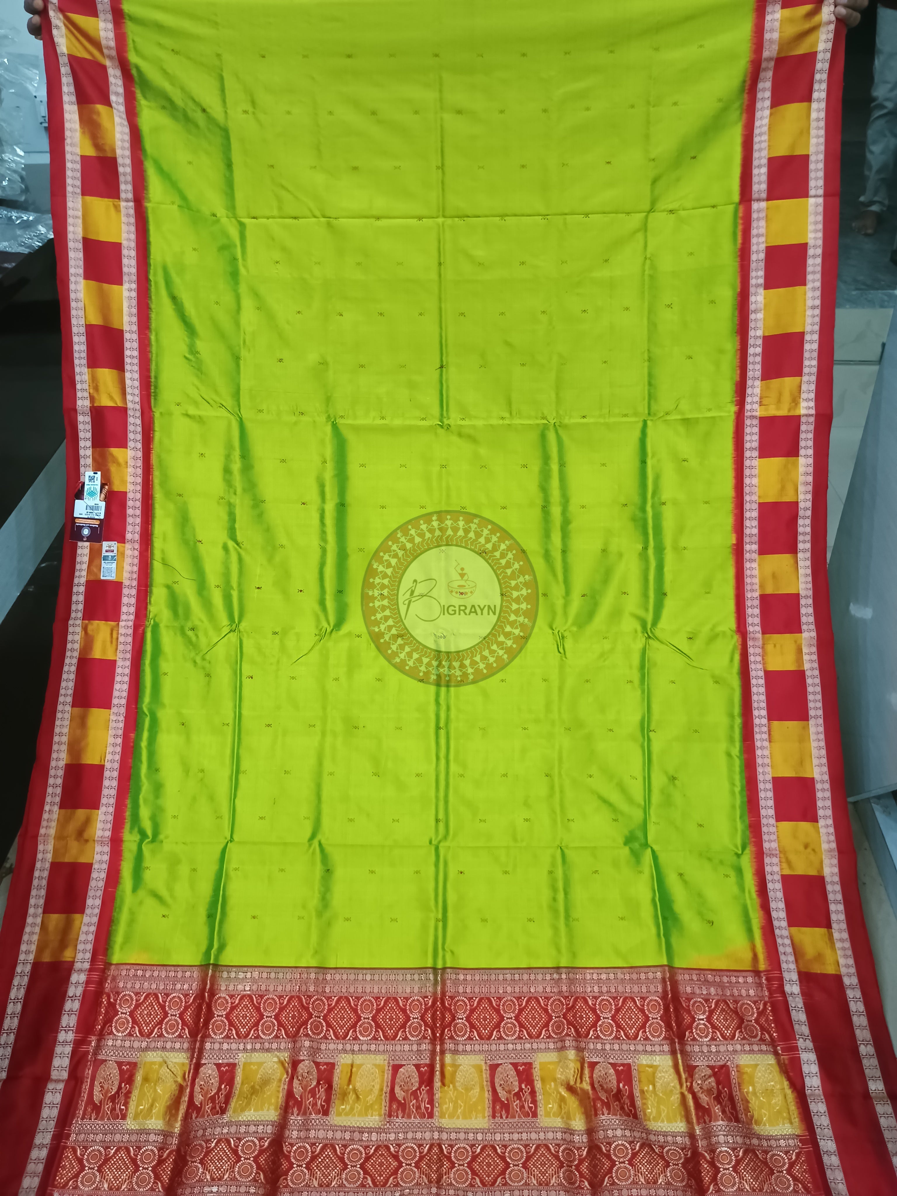 Neon Green Red Pasapali Border Bomkai Silk Saree