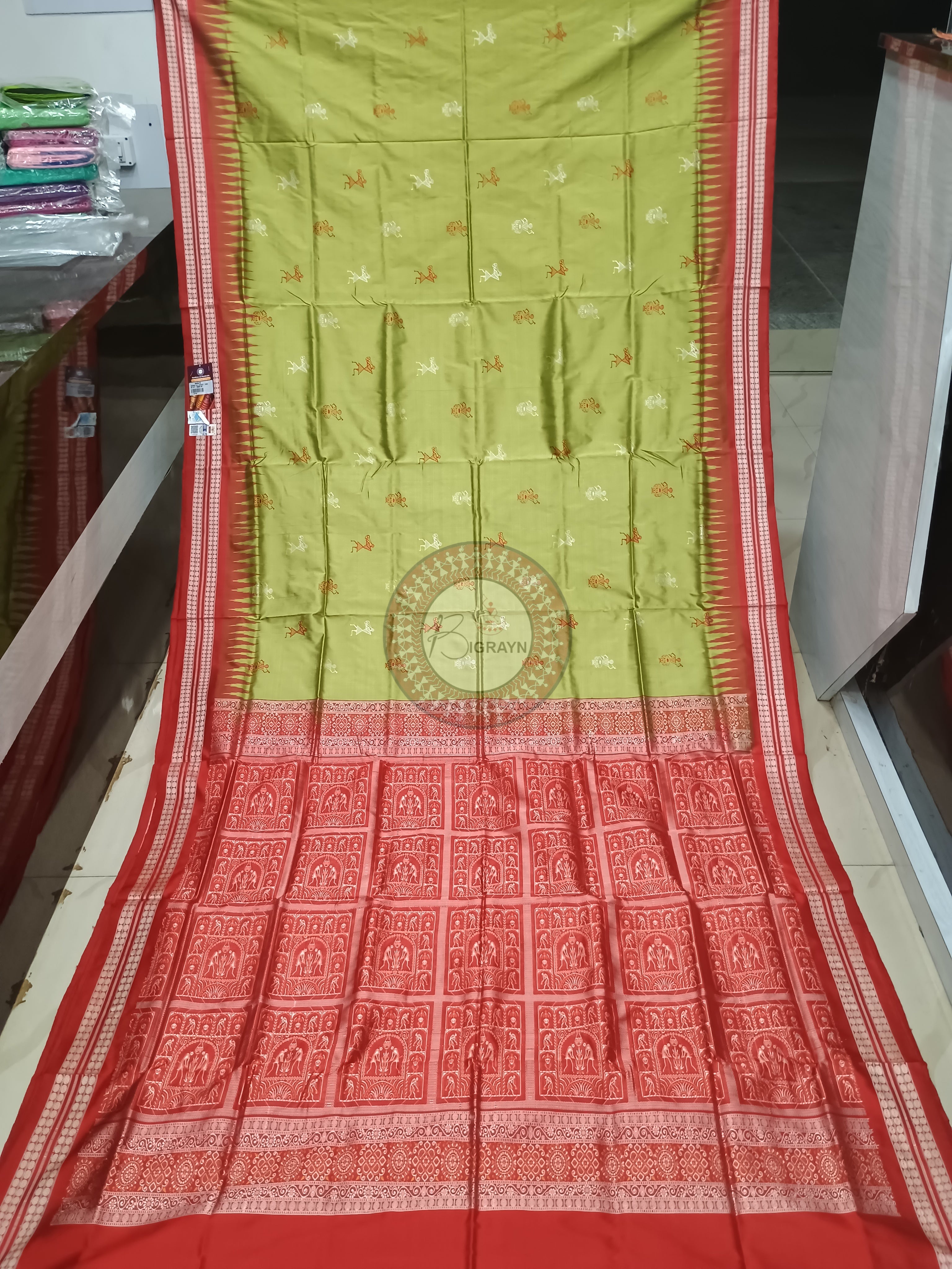 Mehendi Green Red Tribal Bomkai Silk Saree