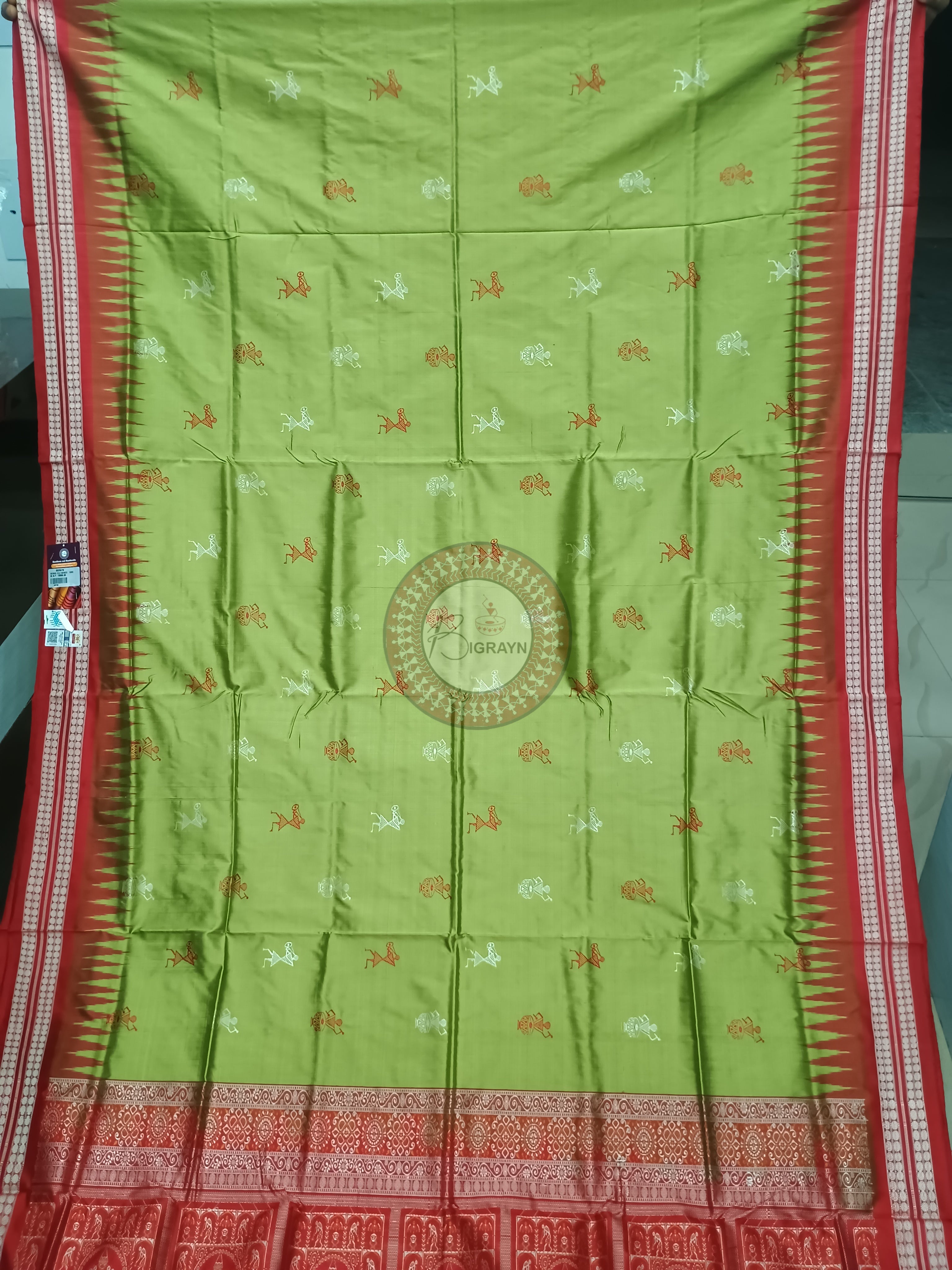Mehendi Green Red Tribal Bomkai Silk Saree