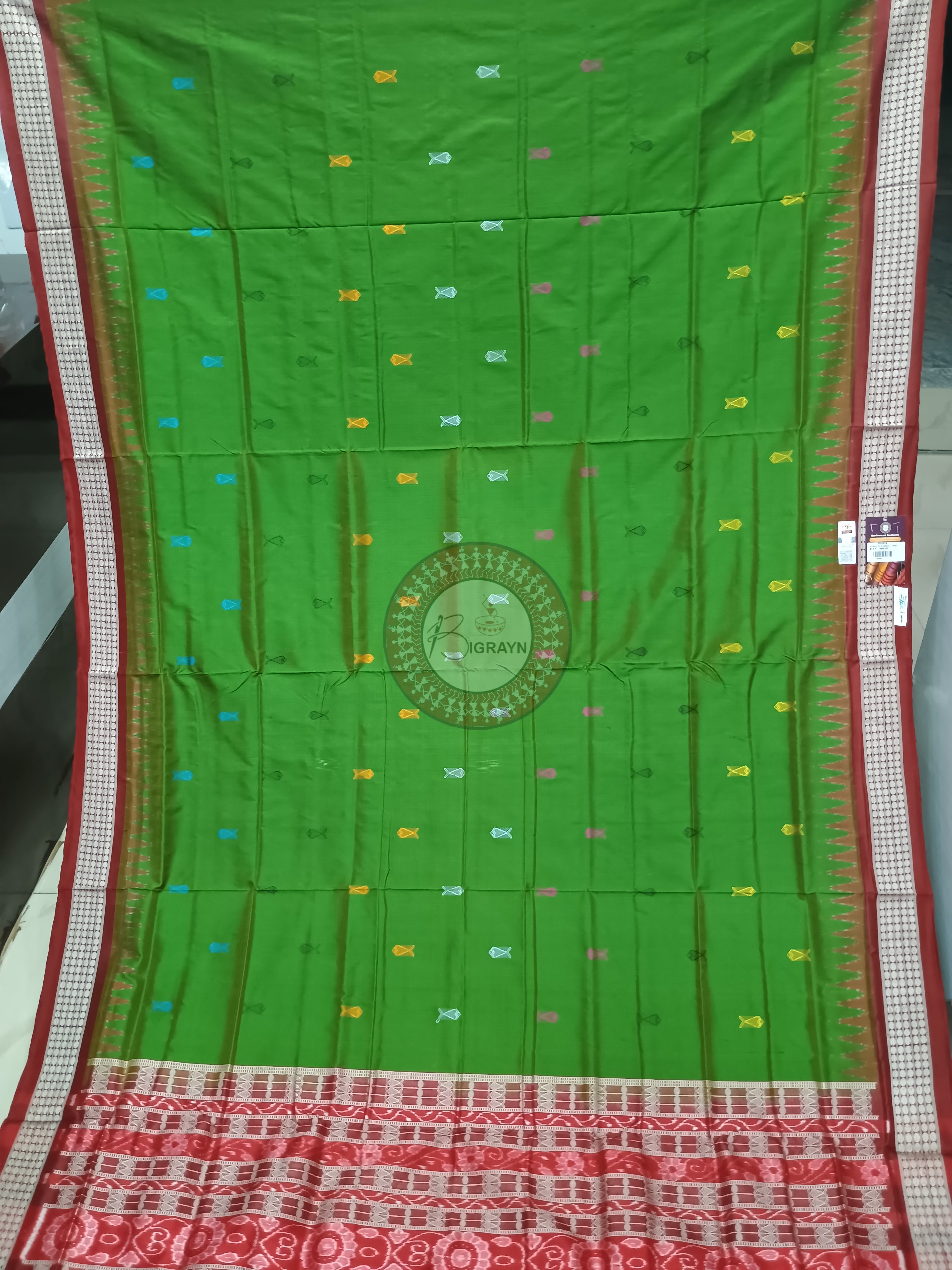 Green Maroon Fish Buti Bomkai Silk Saree