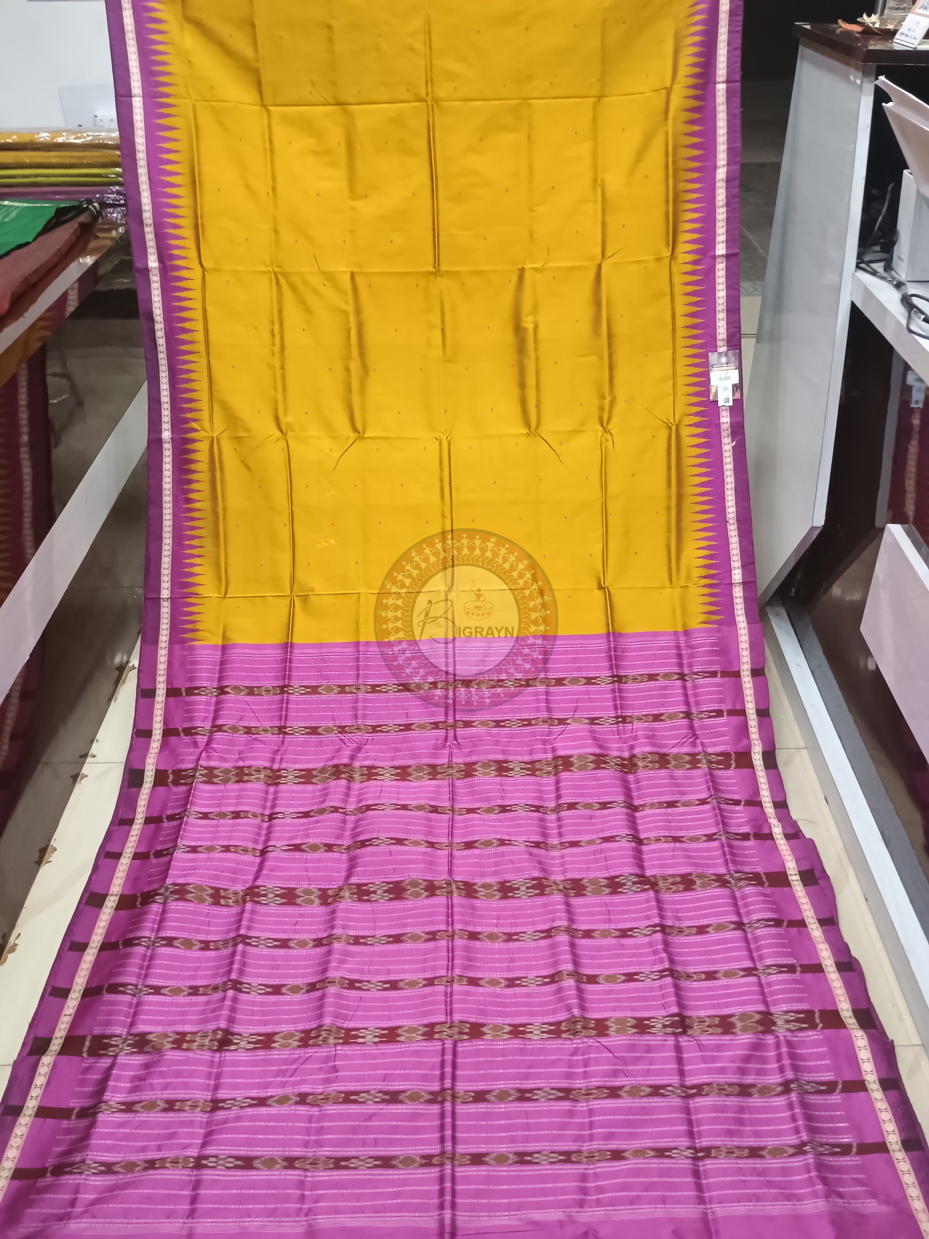 Mustard Yellow Magenta Ek Phulia Bomkai Silk Saree