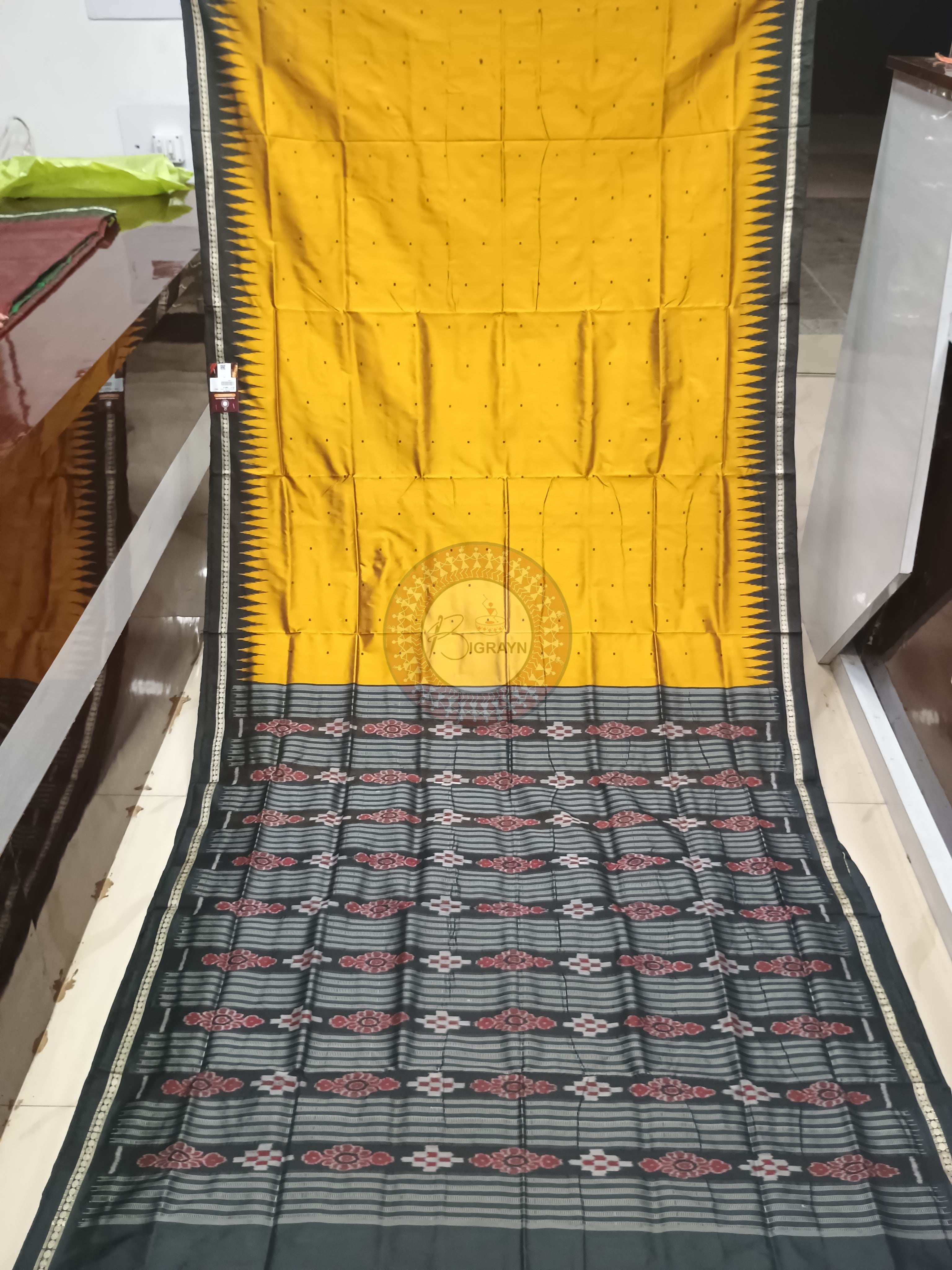 Mustard Yellow Black Ek Phulia  Bomkai Silk Saree