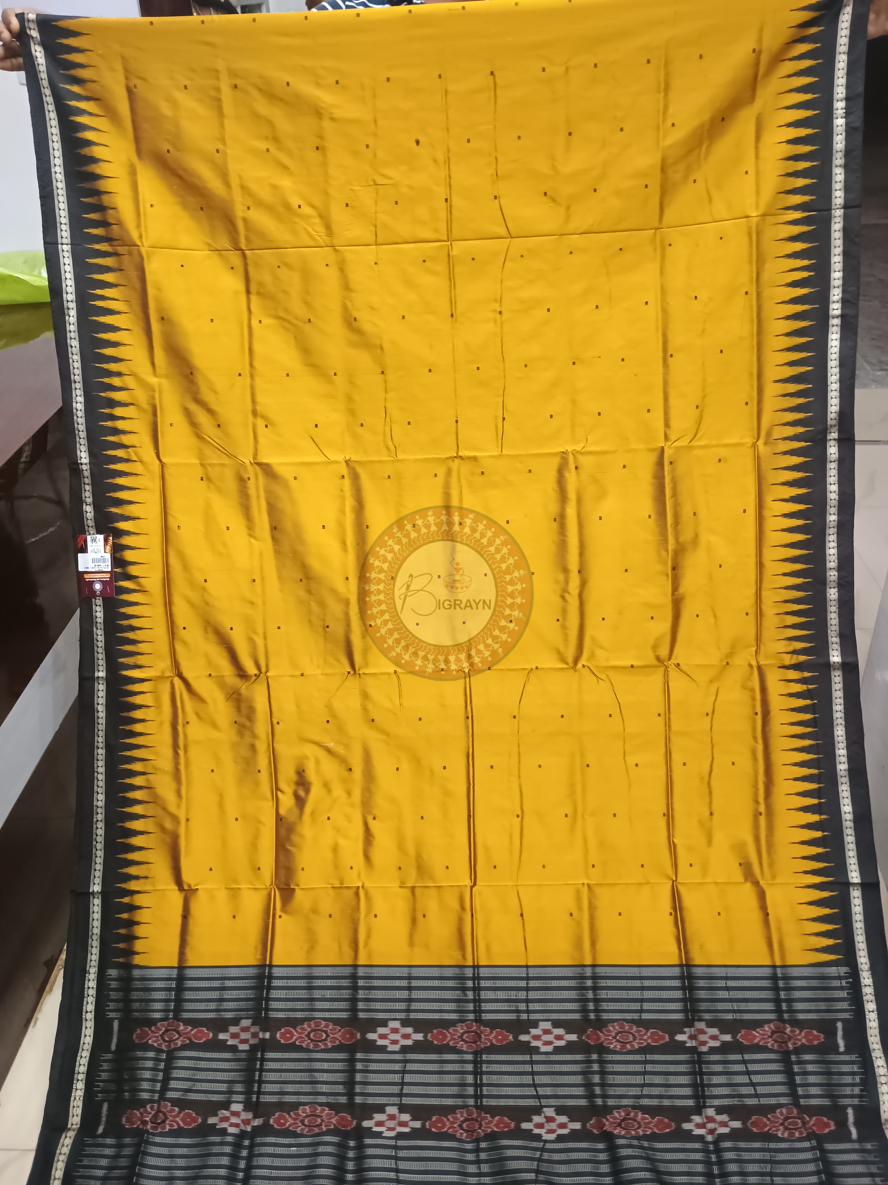Mustard Yellow Black Ek Phulia  Bomkai Silk Saree