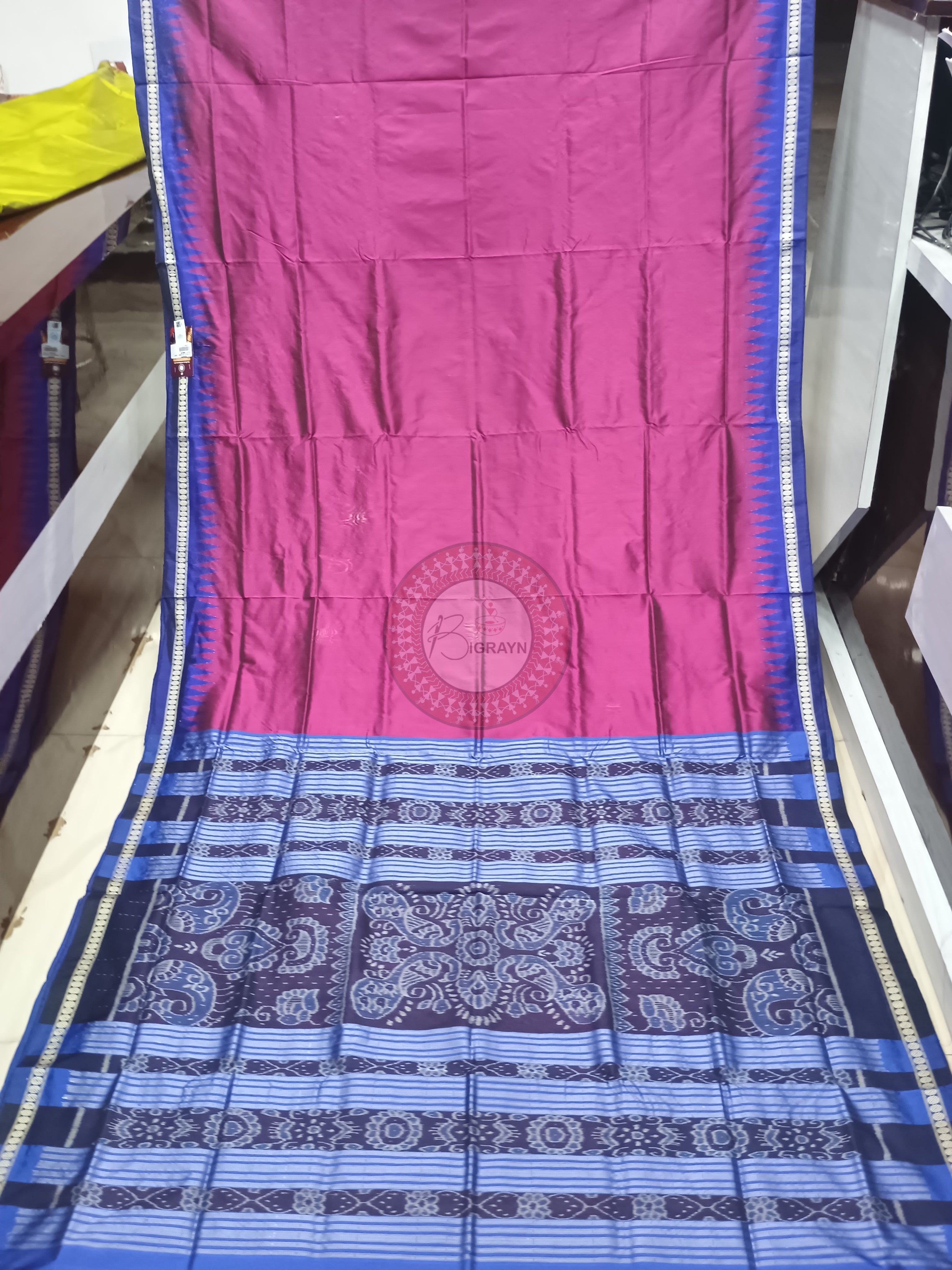 Magenta Blue Ek Phulia Odisha Handloom Bomkai Silk Saree