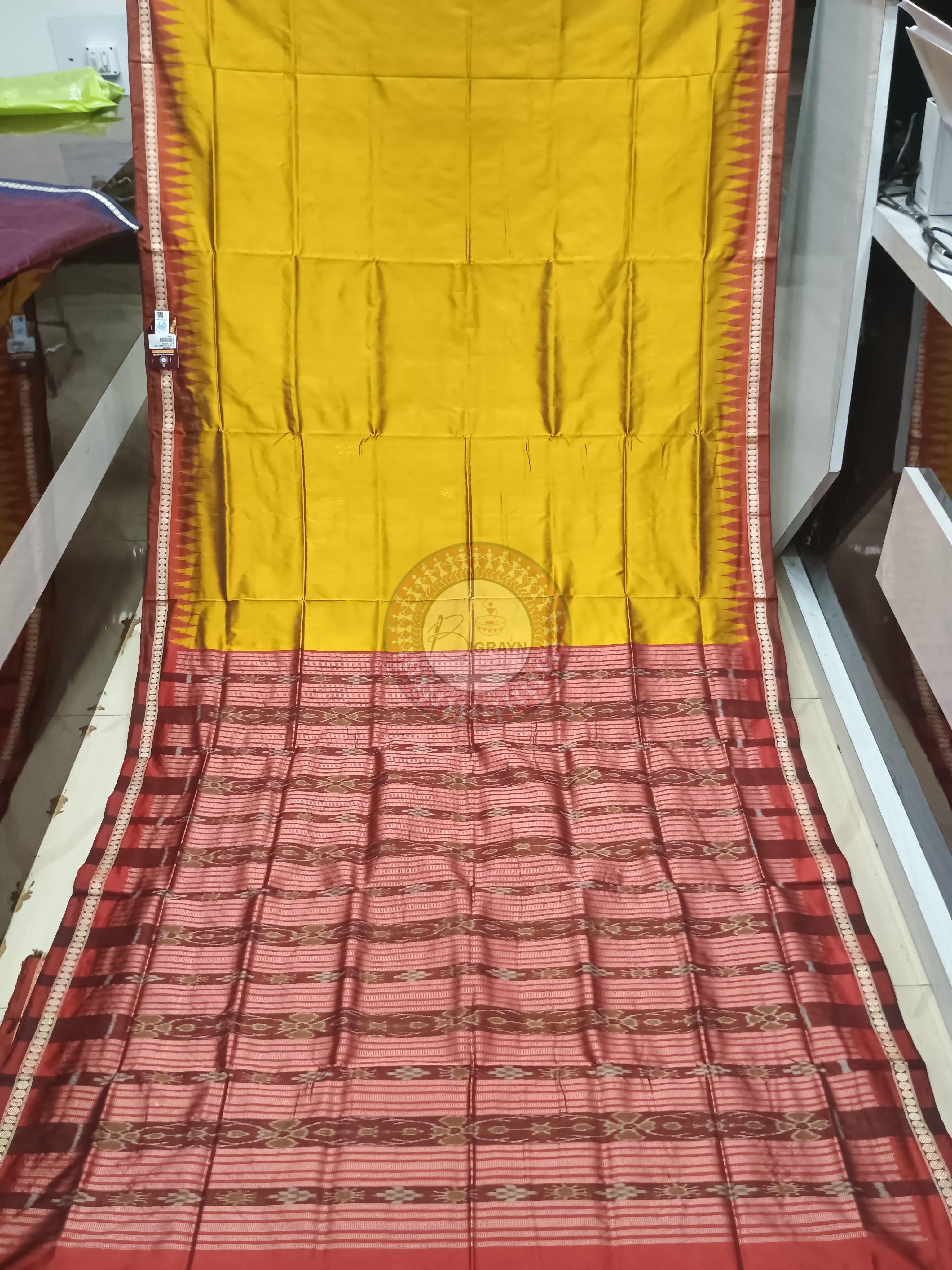 Mustard Yellow Maroon Odisha Handloom Bomkai Silk Saree