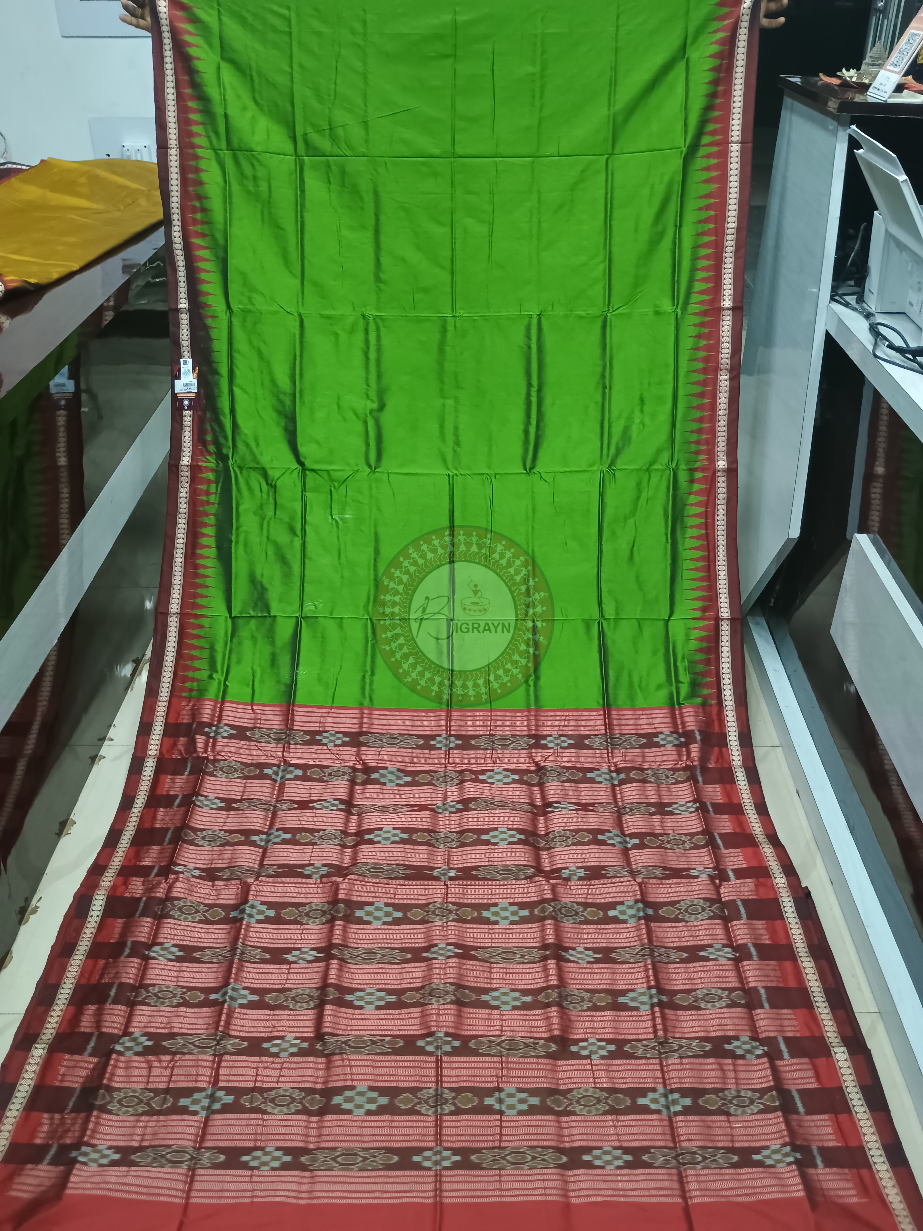 Green Red Ek Phulia Odisha Handloom Bomkai Silk Saree