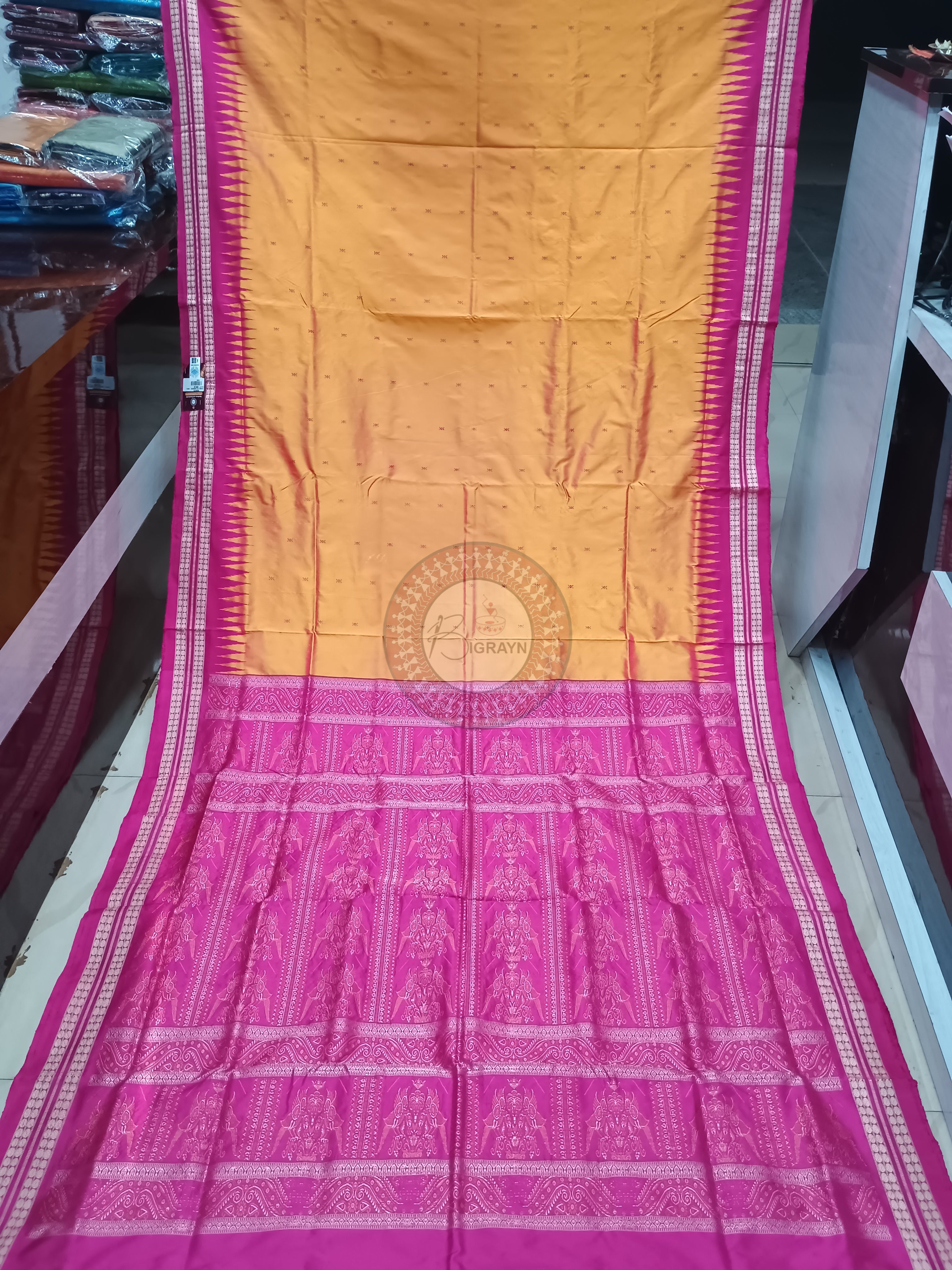 Orange Peach Magenta Buti Odisha Handloom Bomkai Silk Saree