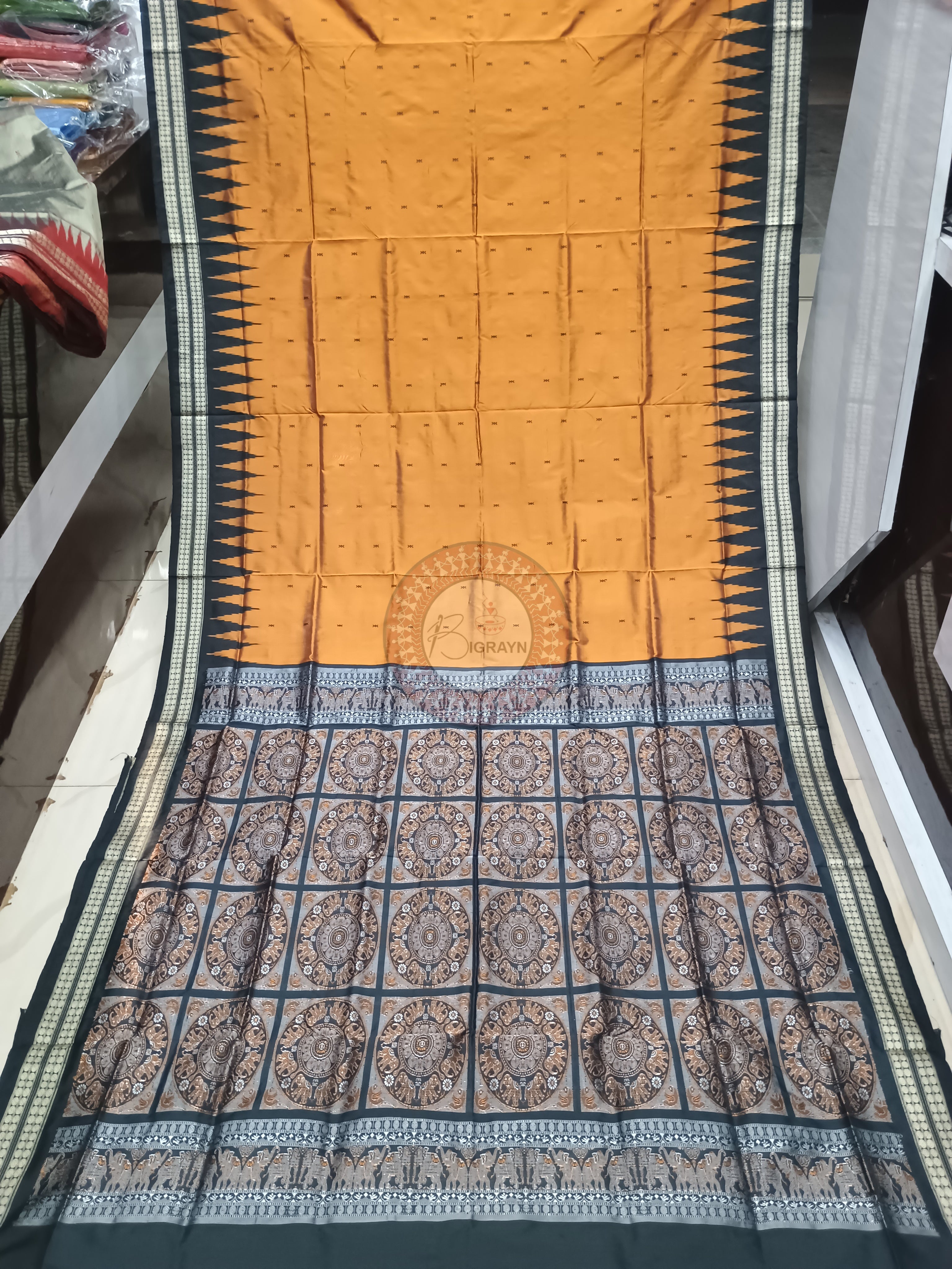 Mustard Yellow Black Buti Bomkai Silk Saree