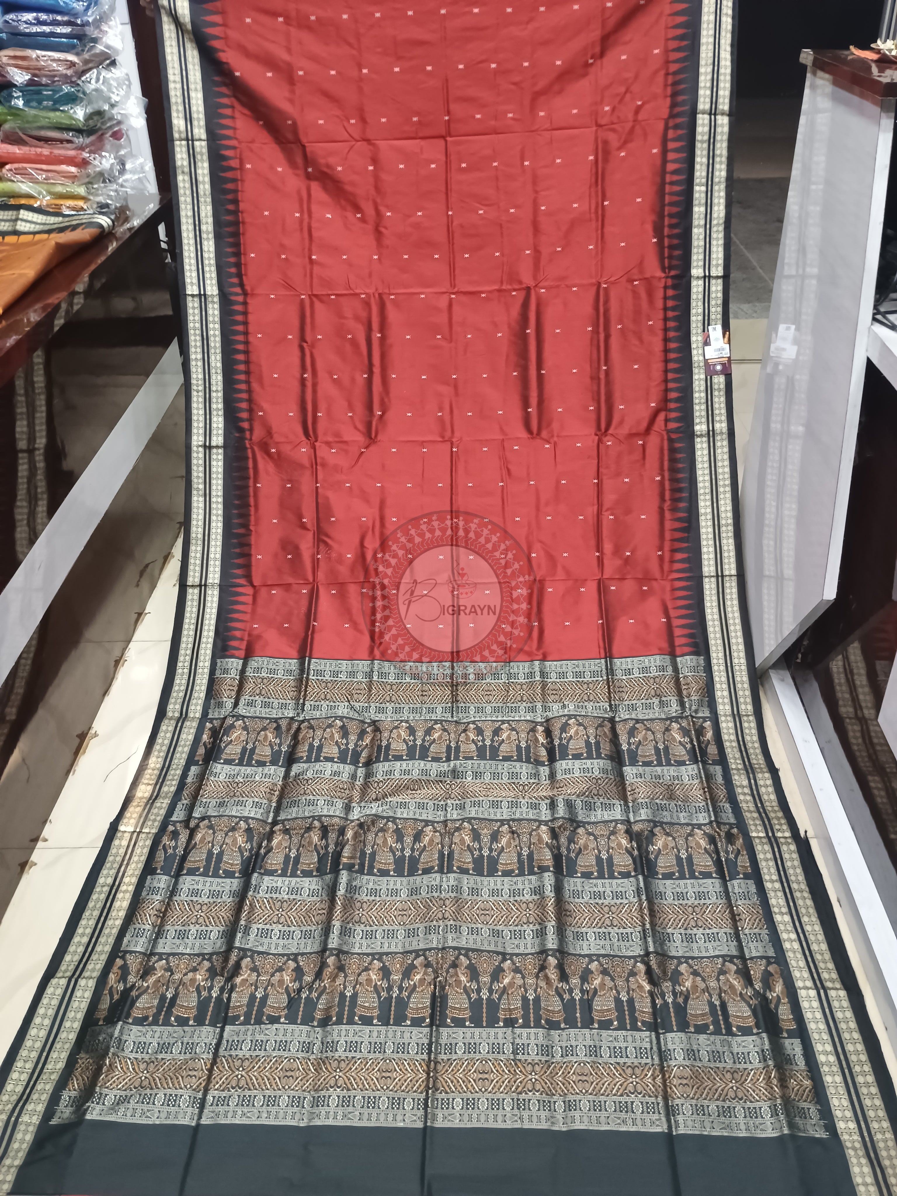 Maroon Black Buti Odisha Handloom Bomkai Silk Saree