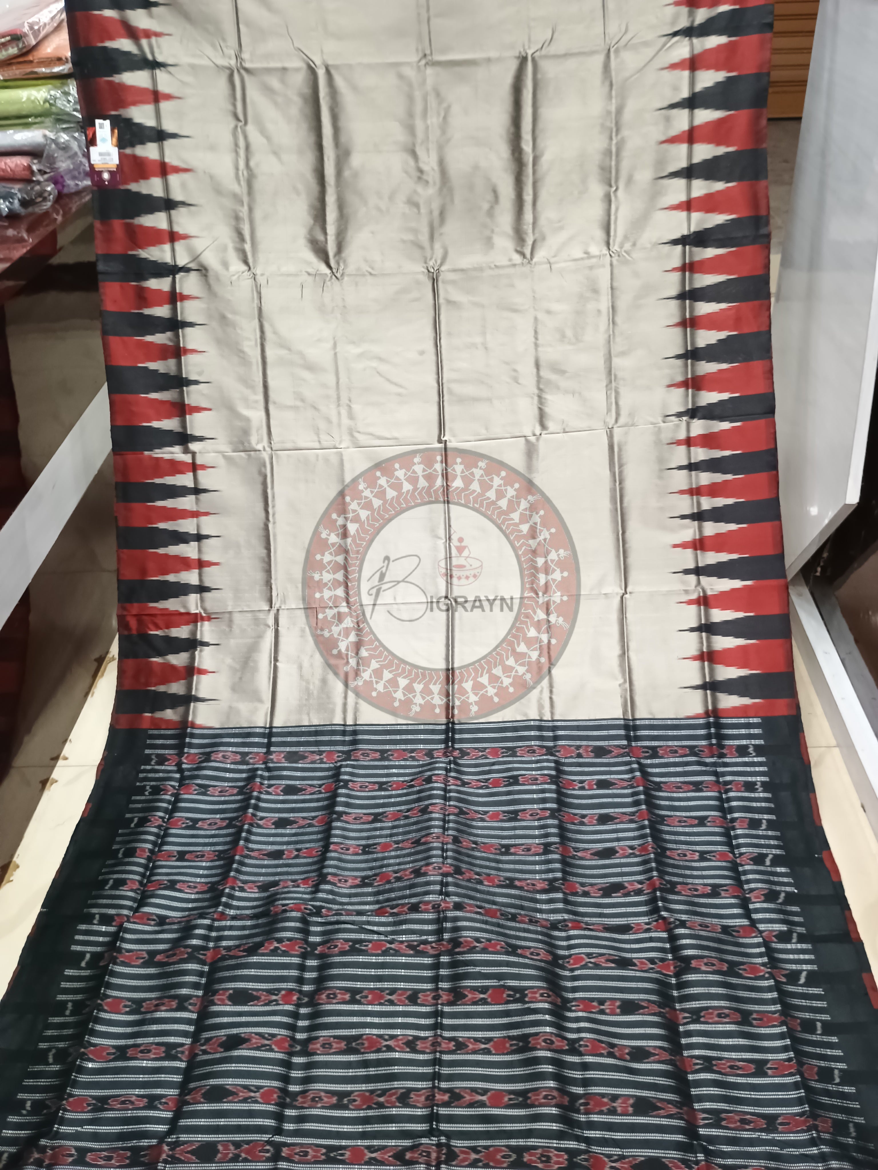 Grey Black Maroon Temple Bomkai Silk Saree