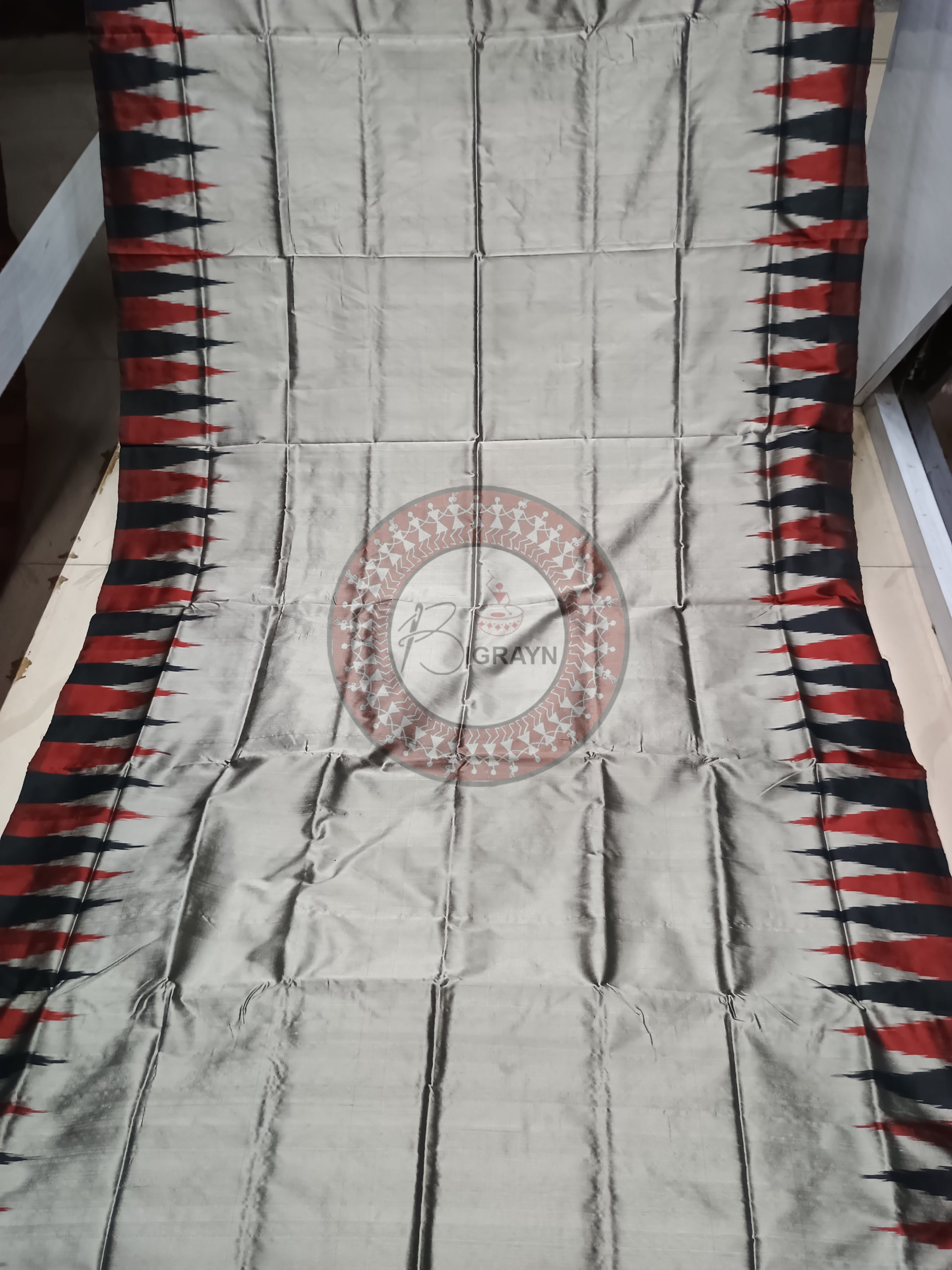 Grey Black Maroon Temple Bomkai Silk Saree