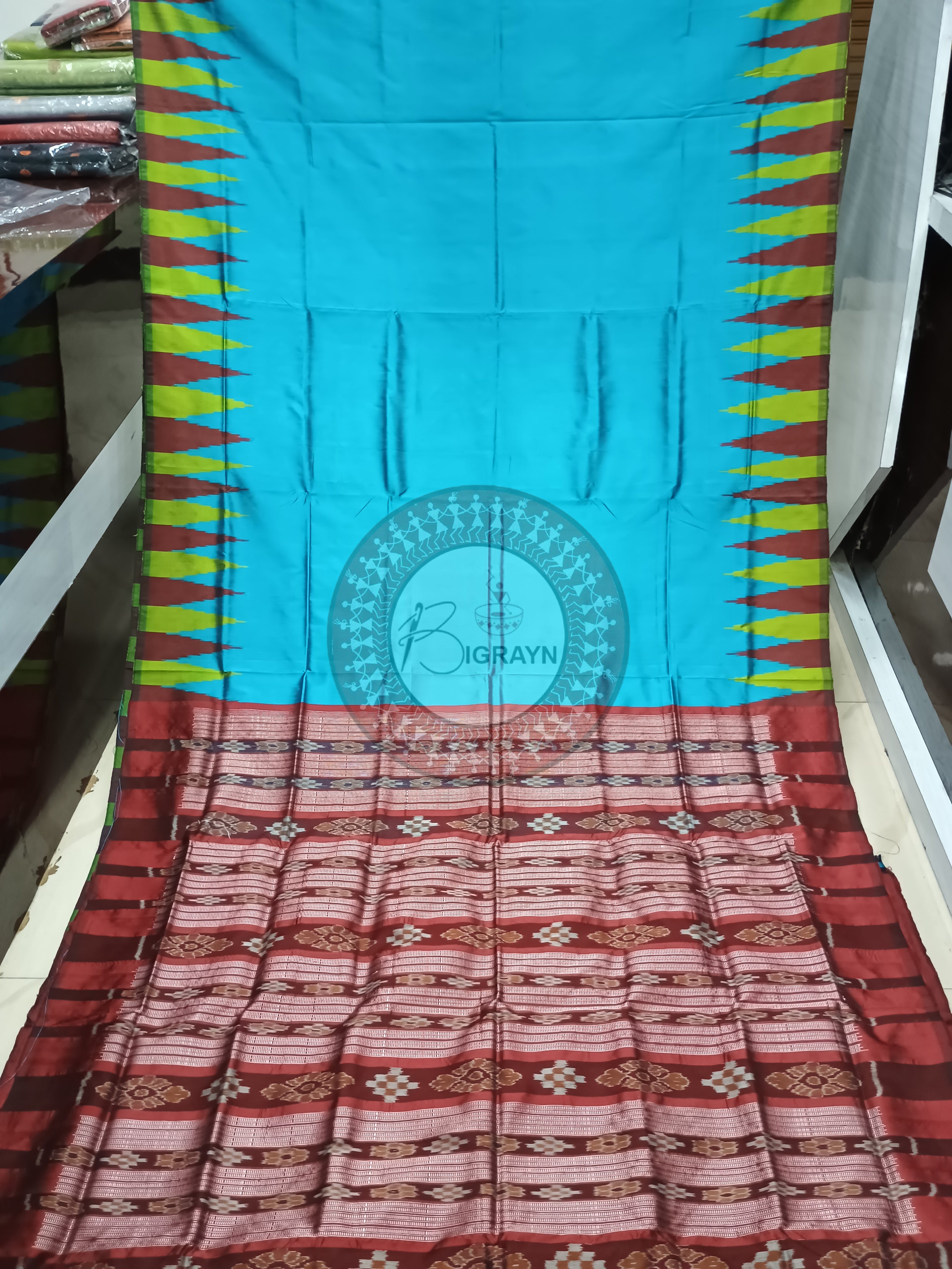 Sky Green Maroon Temple Bomkai Silk Saree
