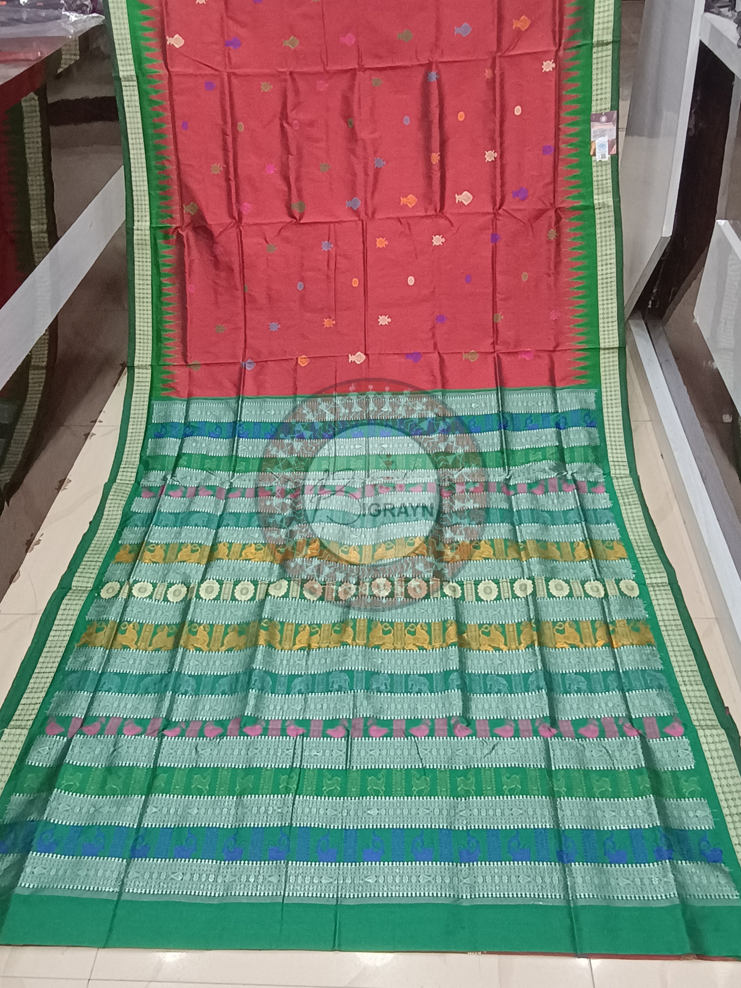 Maroon Green Fish Turtle Bomkai Silk Saree