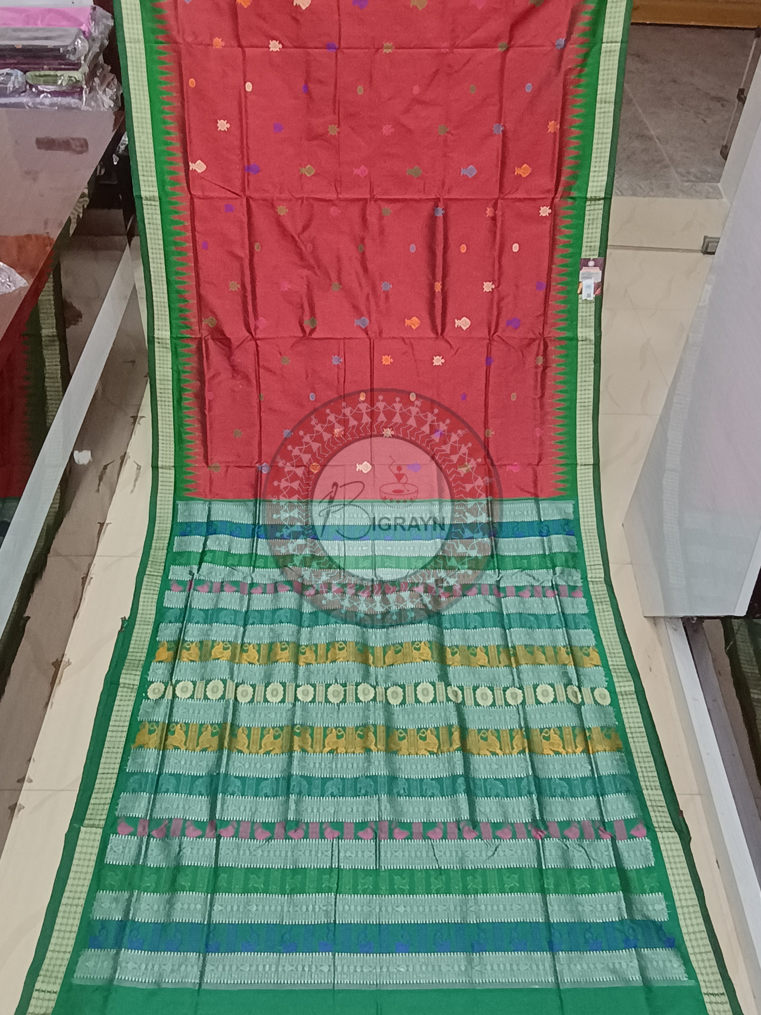 Maroon Green Fish Turtle Bomkai Silk Saree