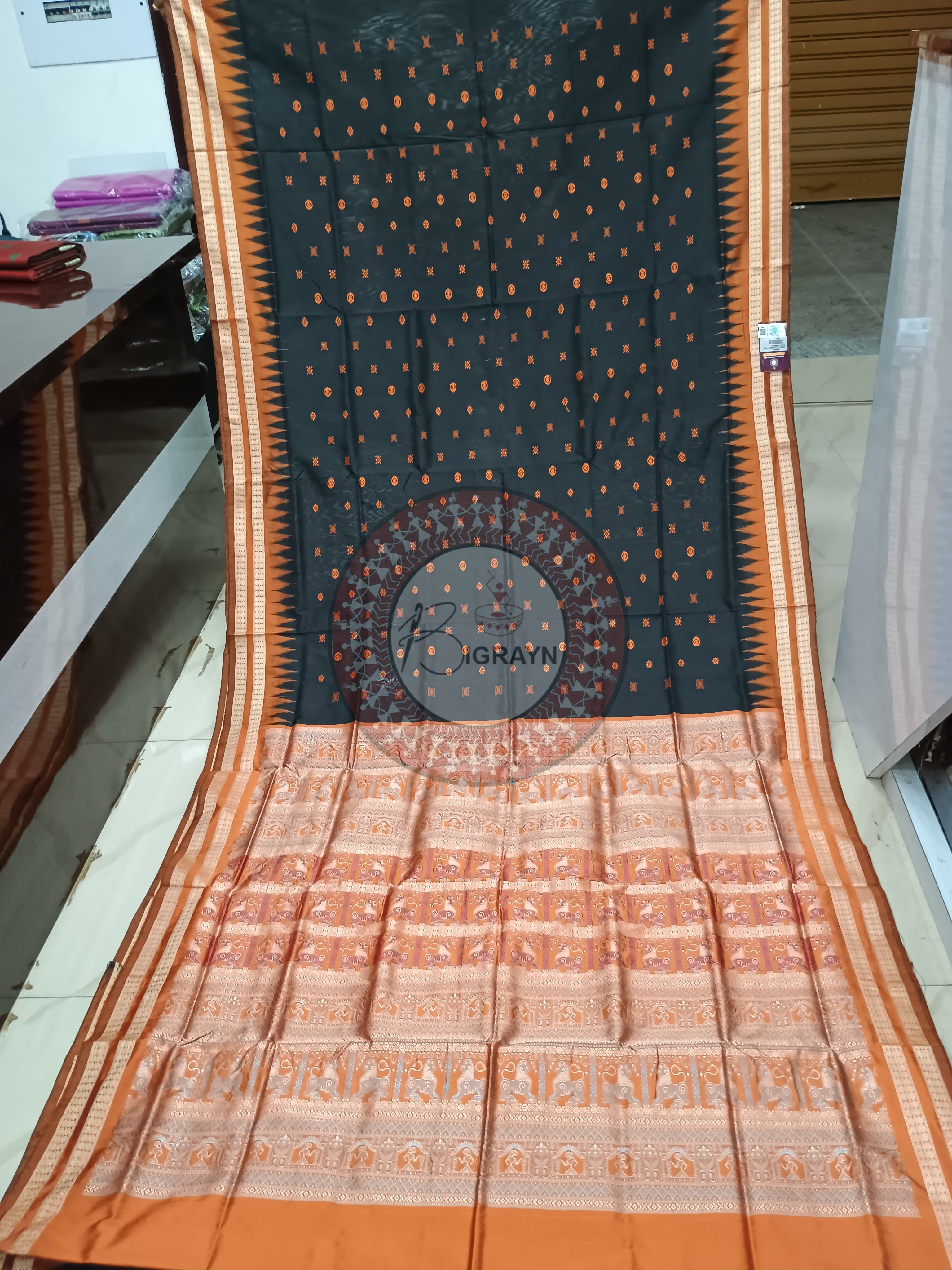 Black Rust Buti Flower Bomkai Silk Saree