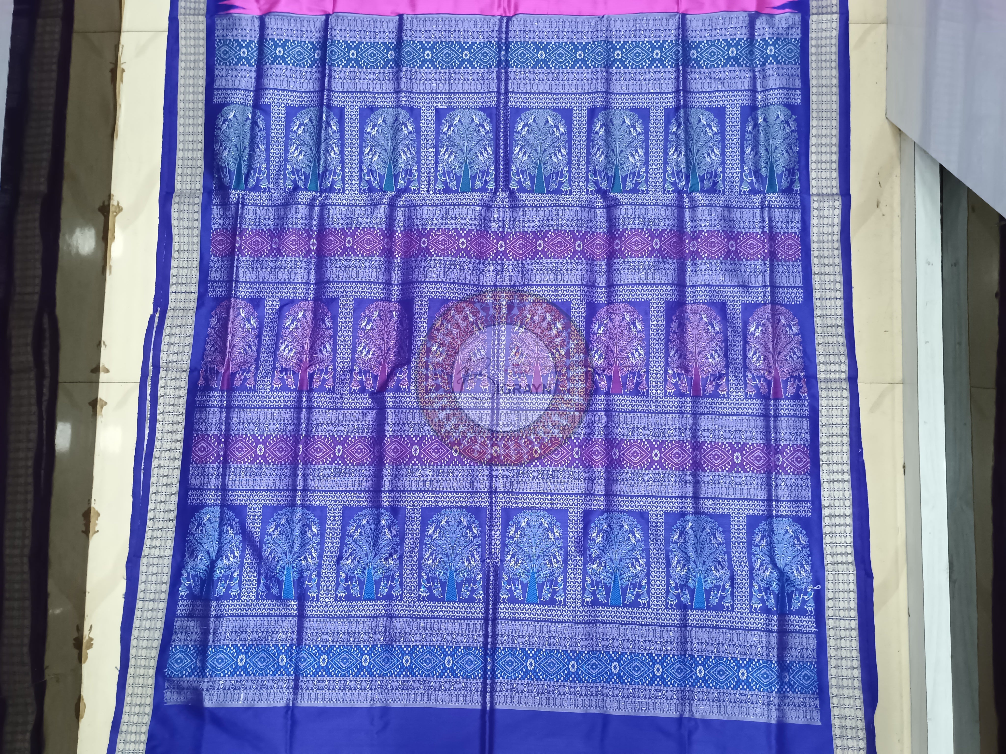 Pink Blue Tribal Bomkai Silk Saree