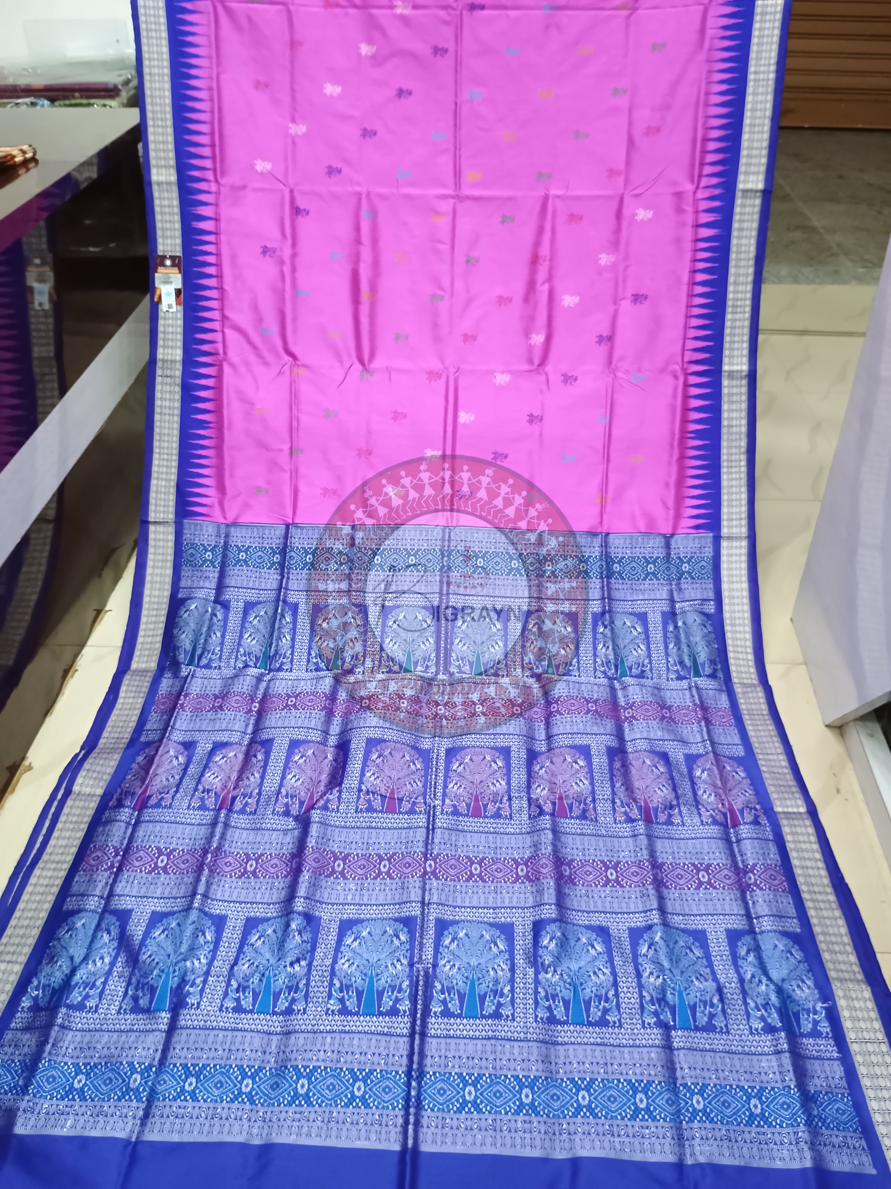 Pink Blue Tribal Bomkai Silk Saree