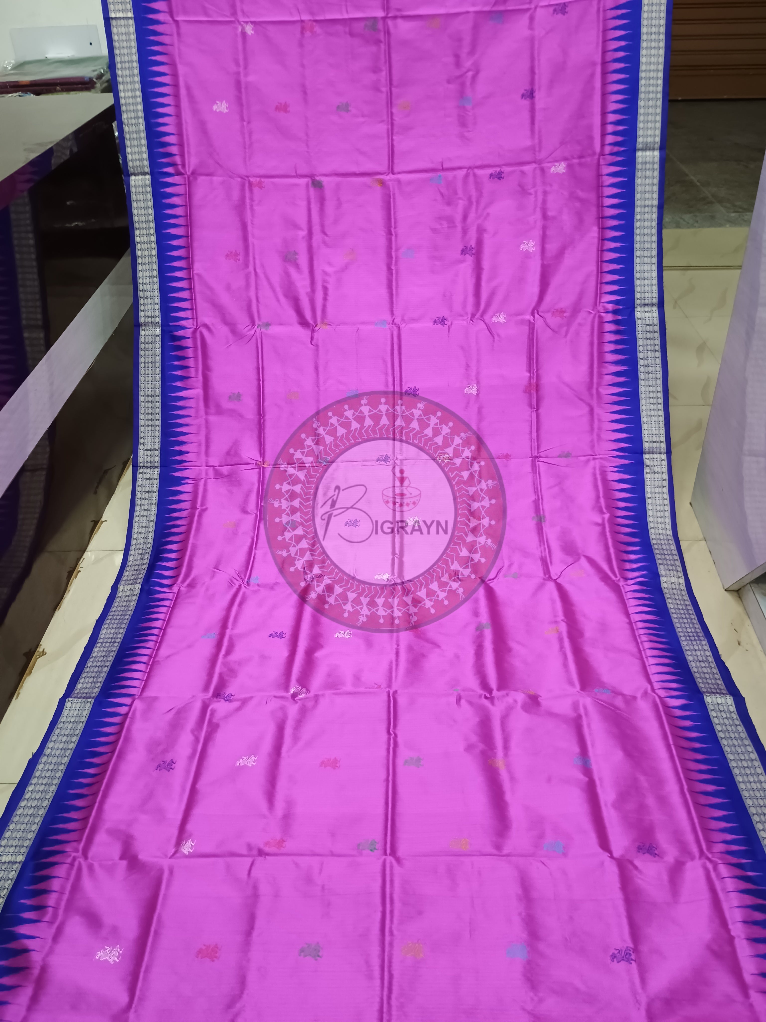 Pink Blue Tribal Bomkai Silk Saree