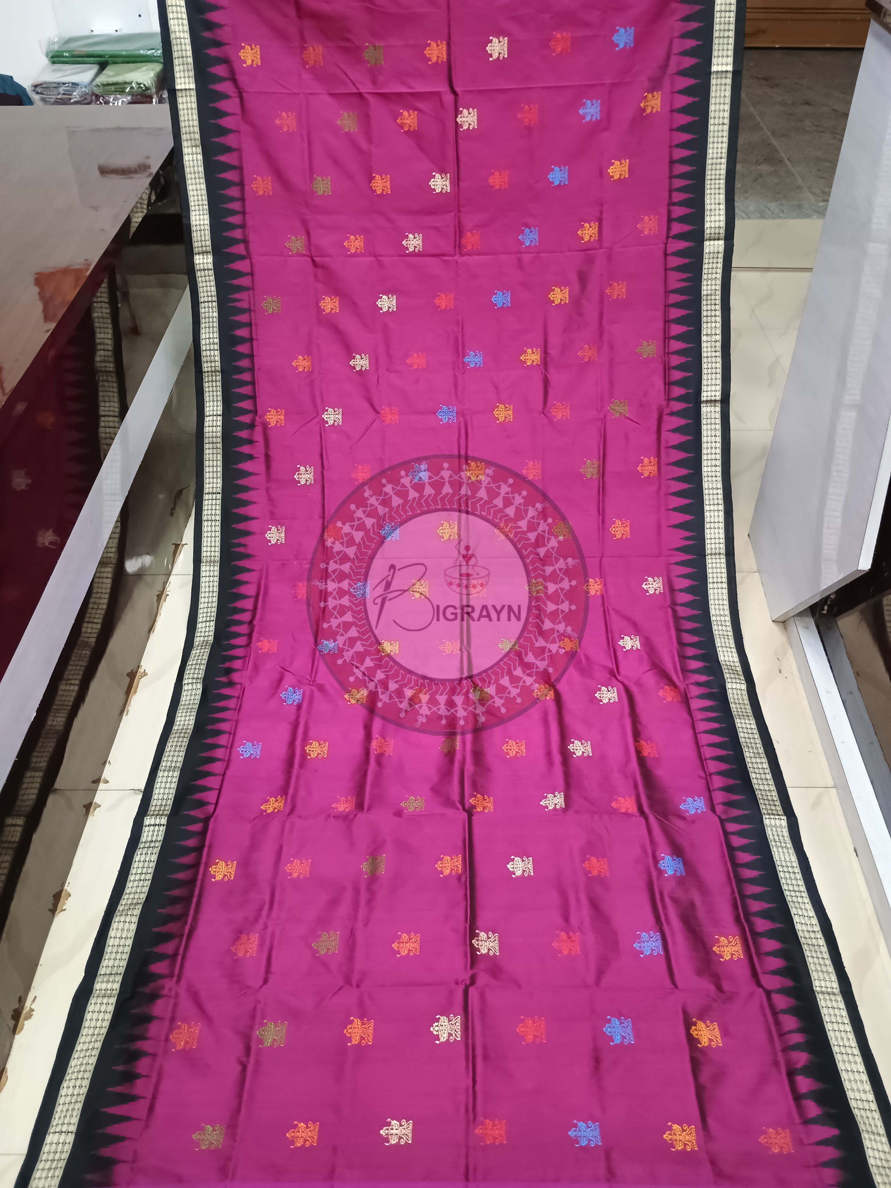Magenta Black Dipa Design Bomkai Silk Saree