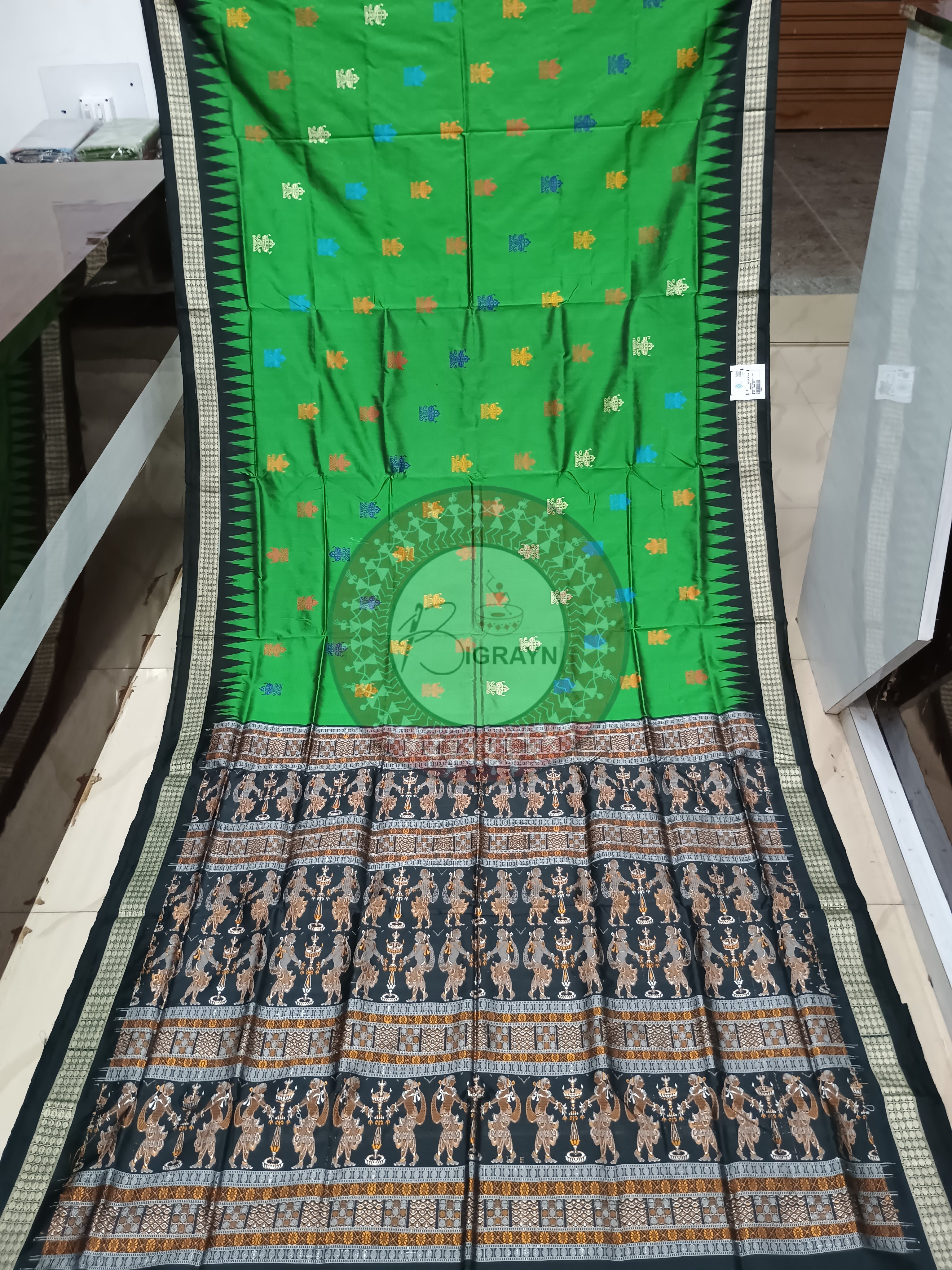 Green Black Dipa Design Bomkai Silk Saree