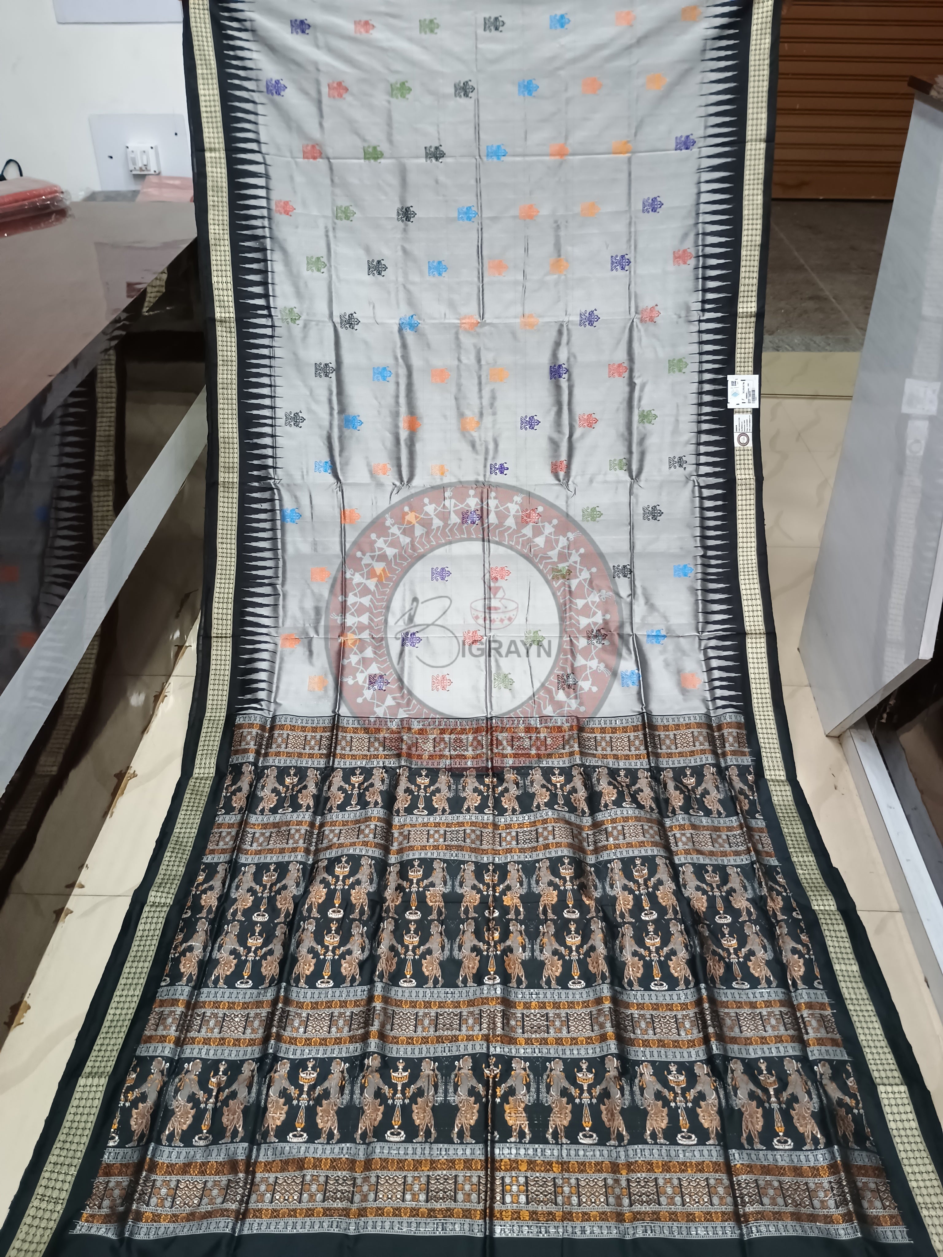 Grey Black Dipa Design Bomkai Silk Saree