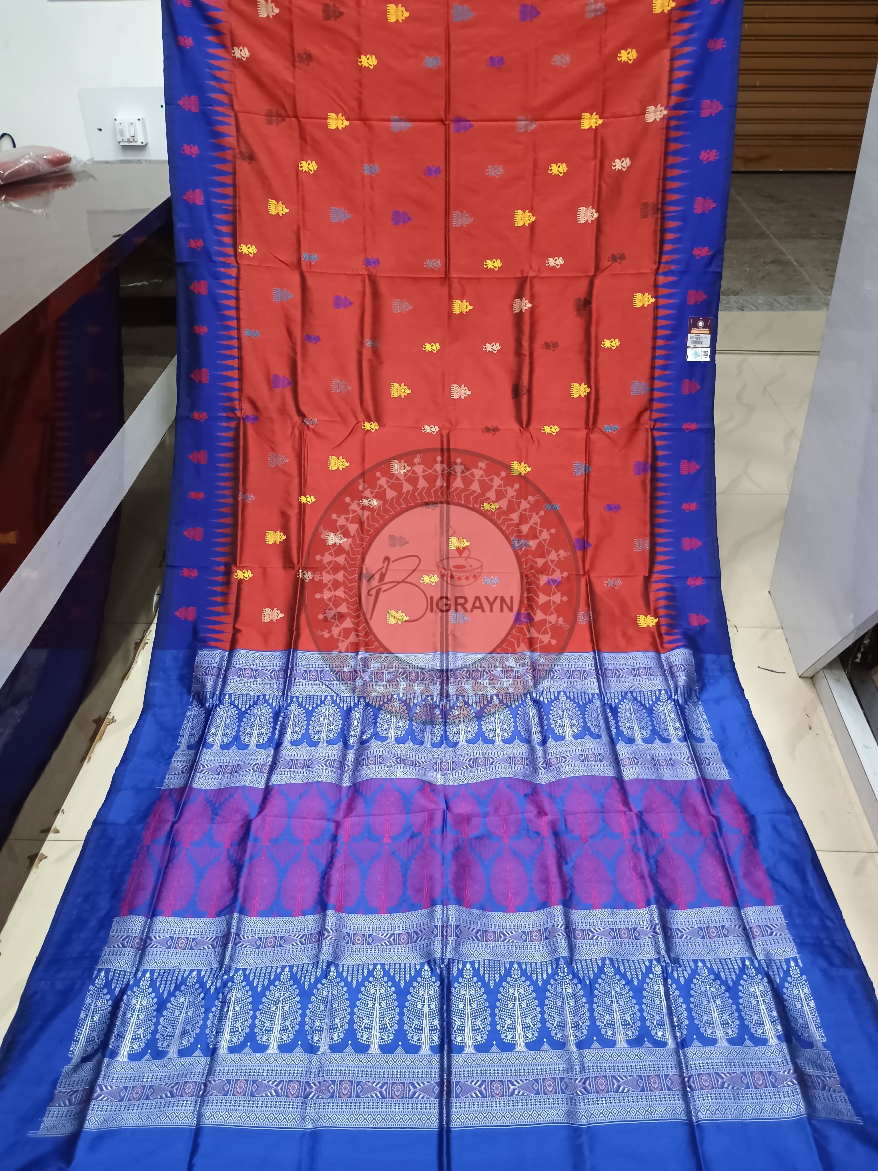 Rust Blue Jhumka Bomkai Silk Saree