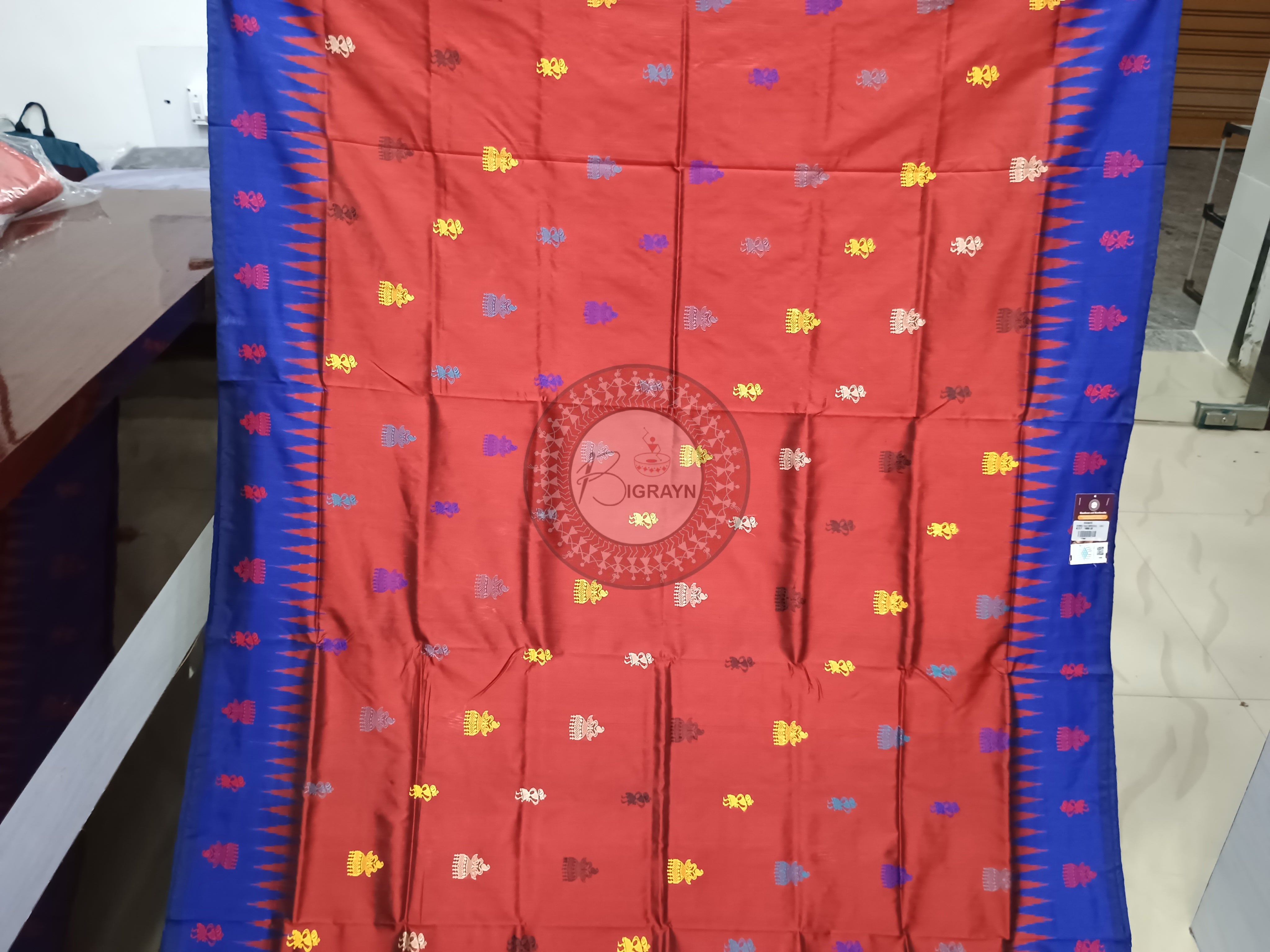 Rust Blue Jhumka Bomkai Silk Saree