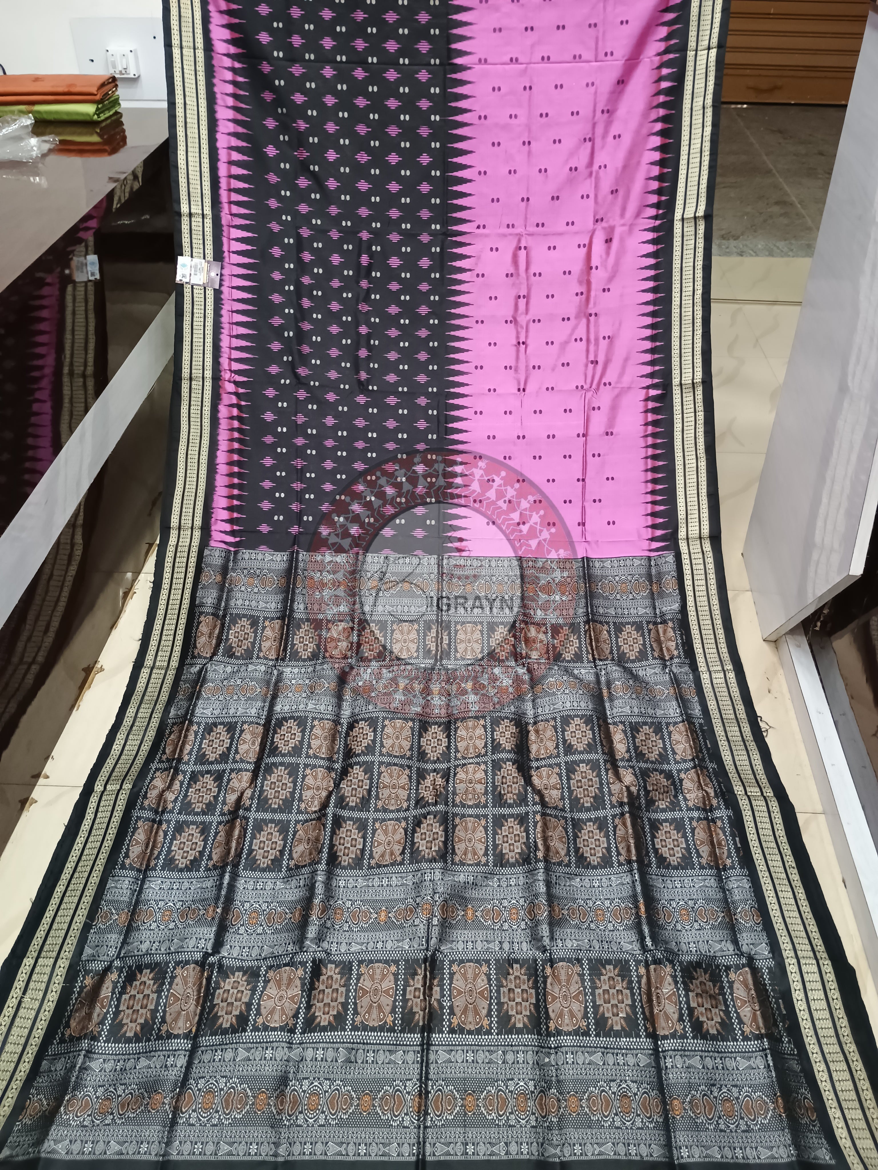 Pink Black Half Half Design Bomkai Silk Saree