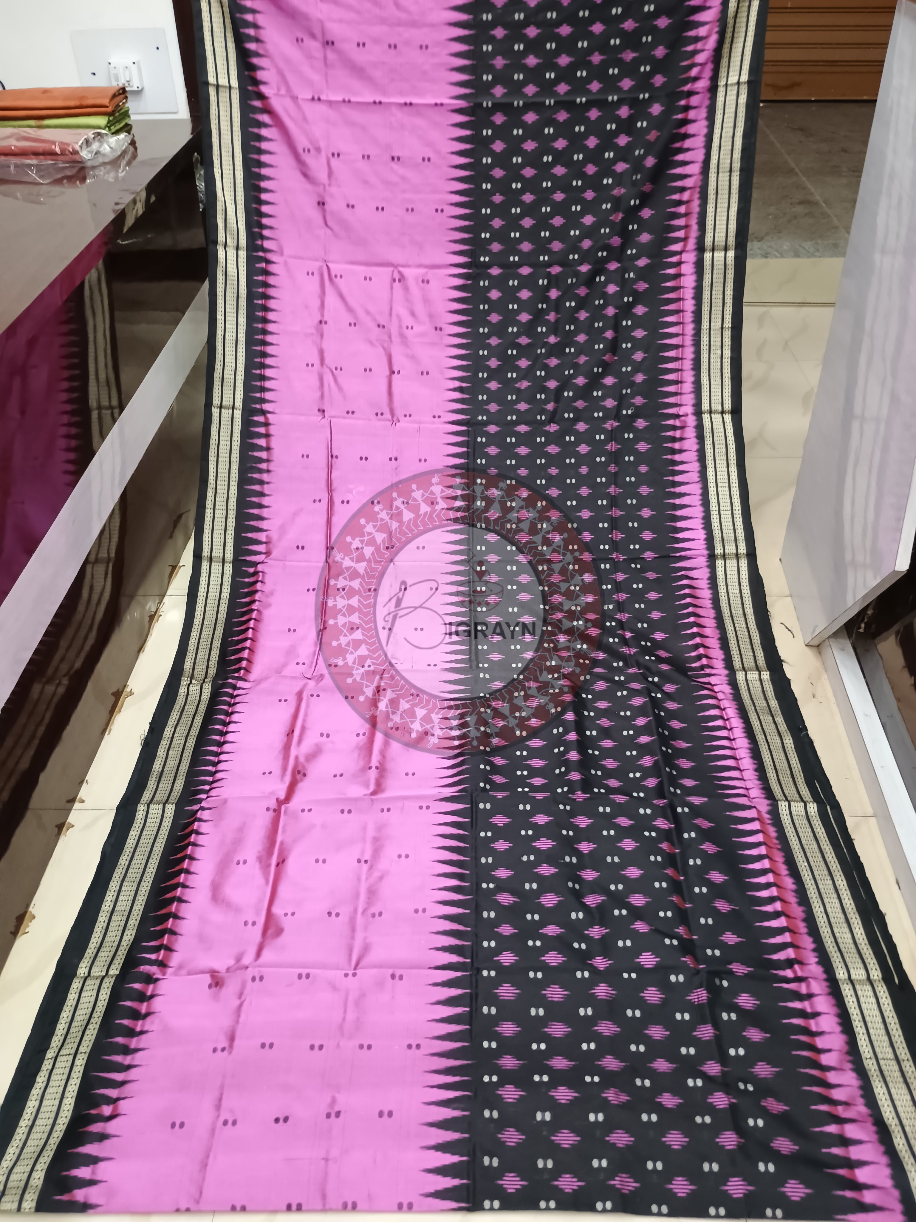 Pink Black Half Half Design Bomkai Silk Saree