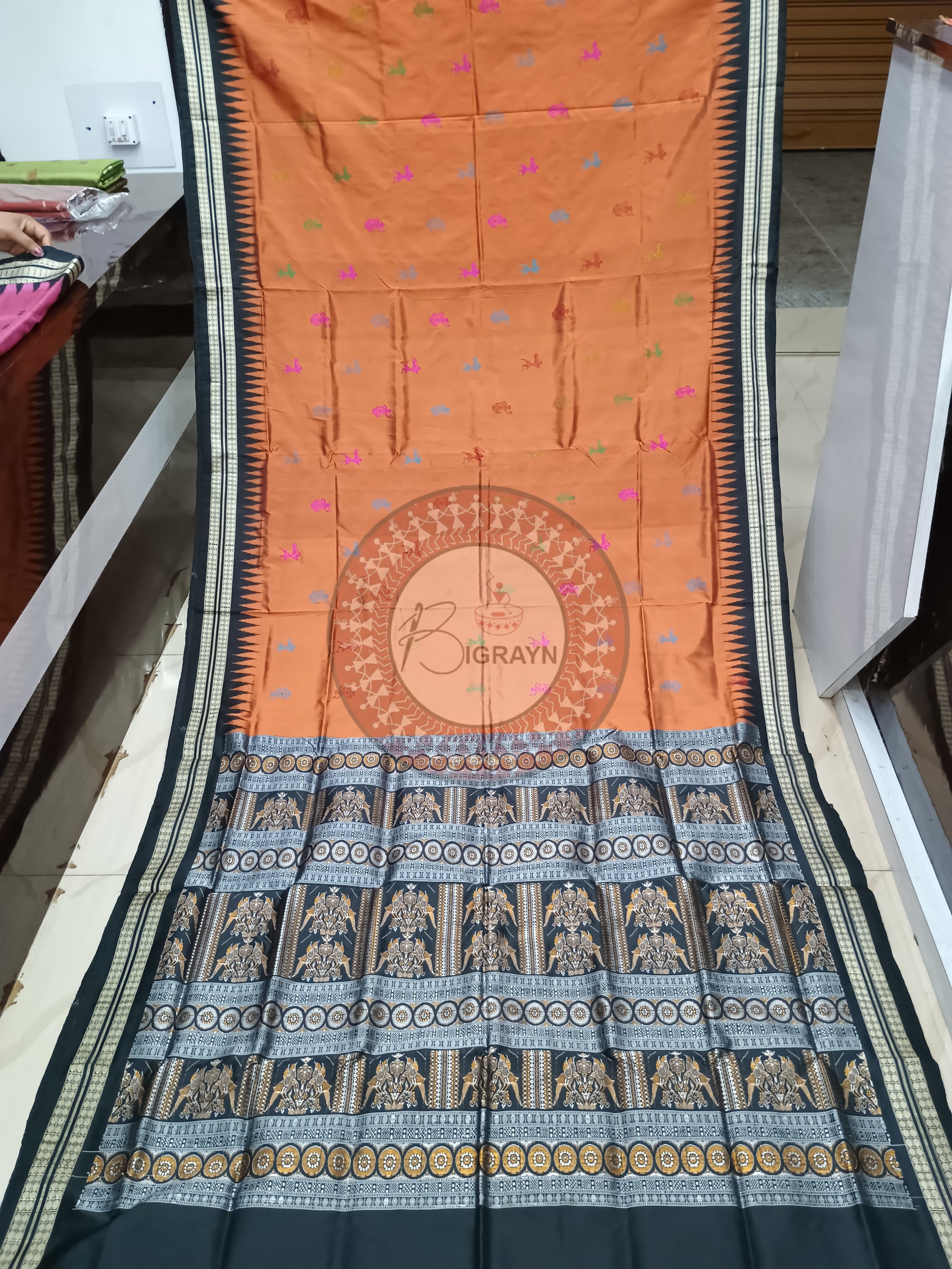 Rust Black Tribal Bomkai Silk Saree