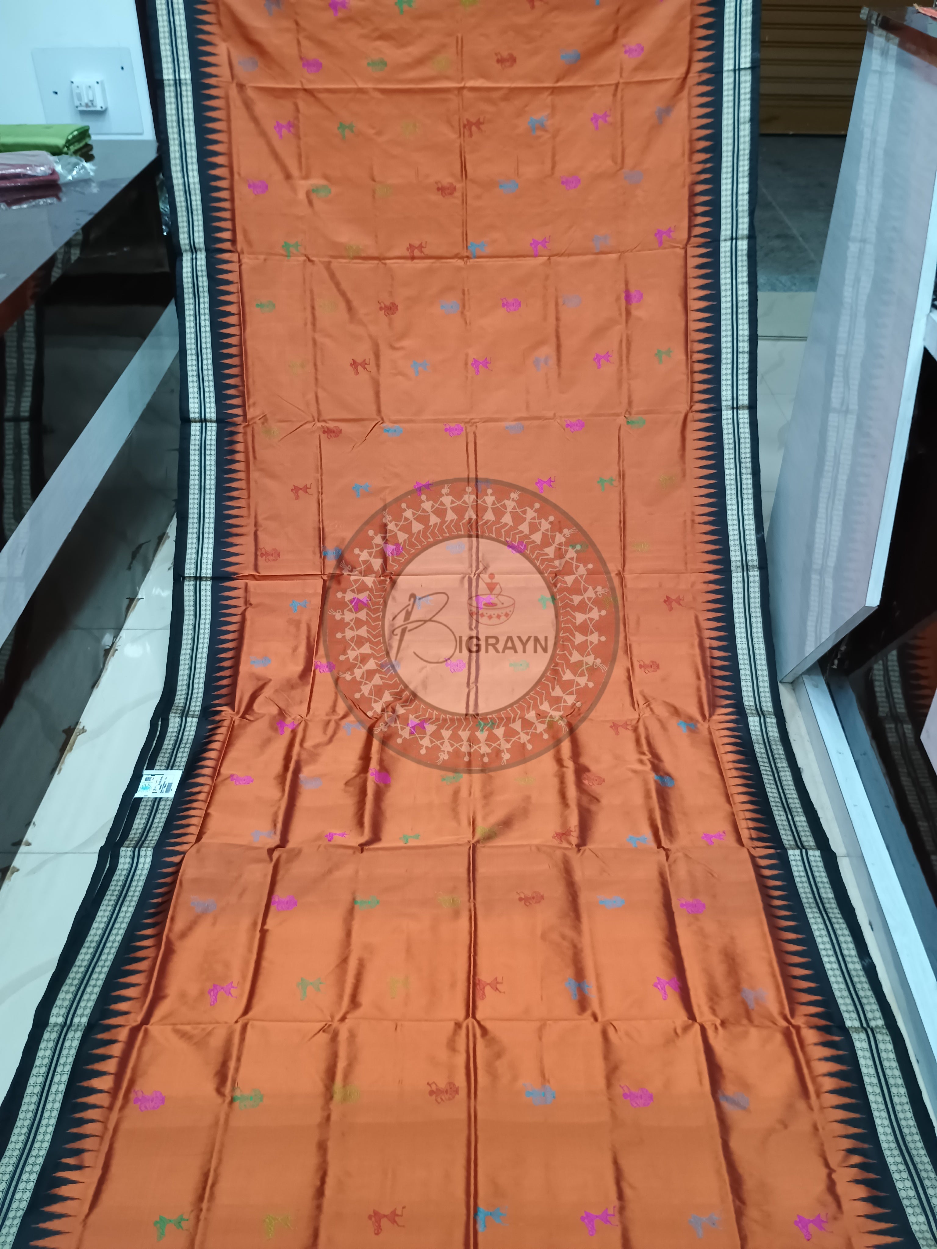 Rust Black Tribal Bomkai Silk Saree