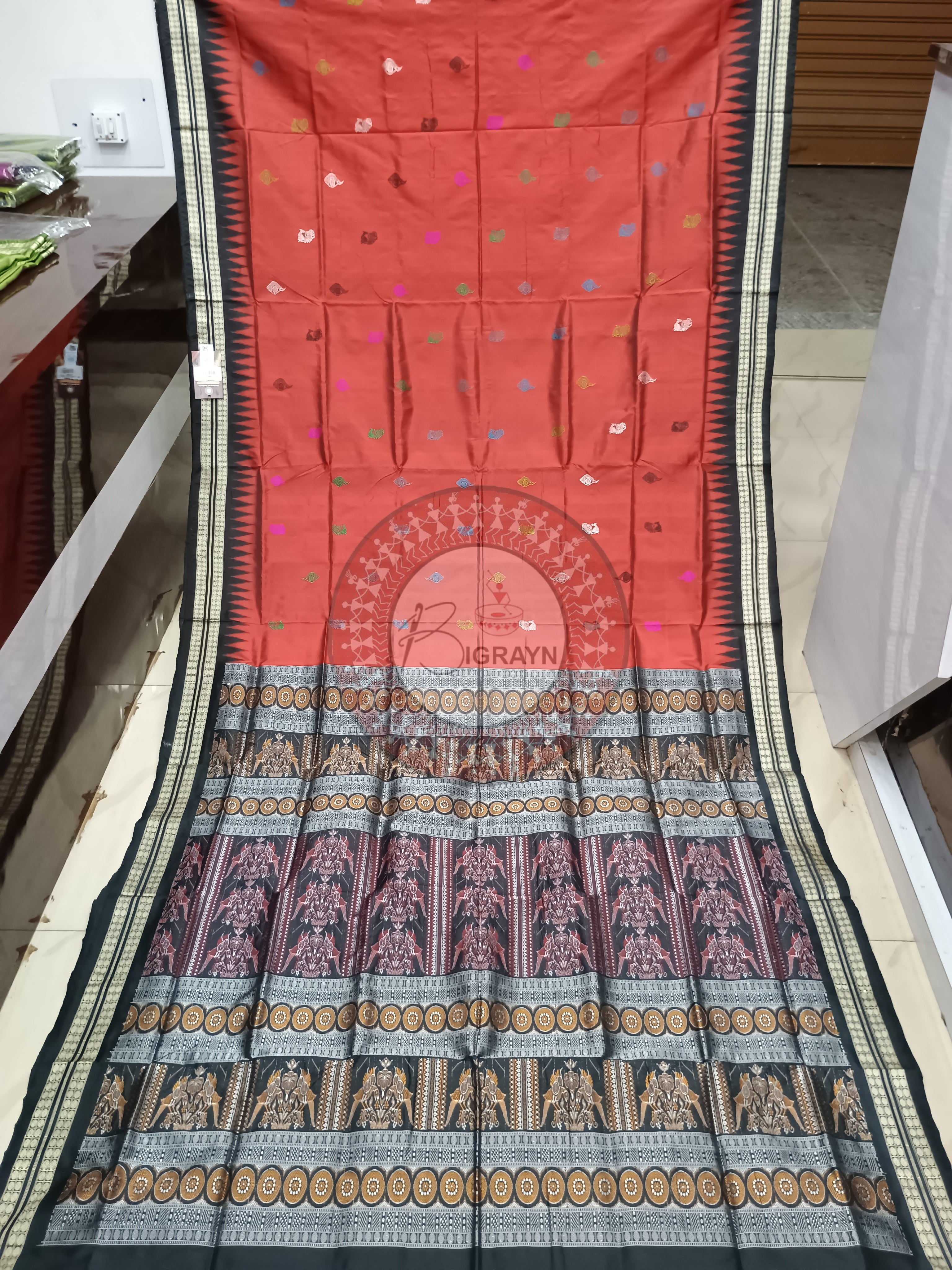 Maroon Black Sankha Peacock Bomkai Silk Saree