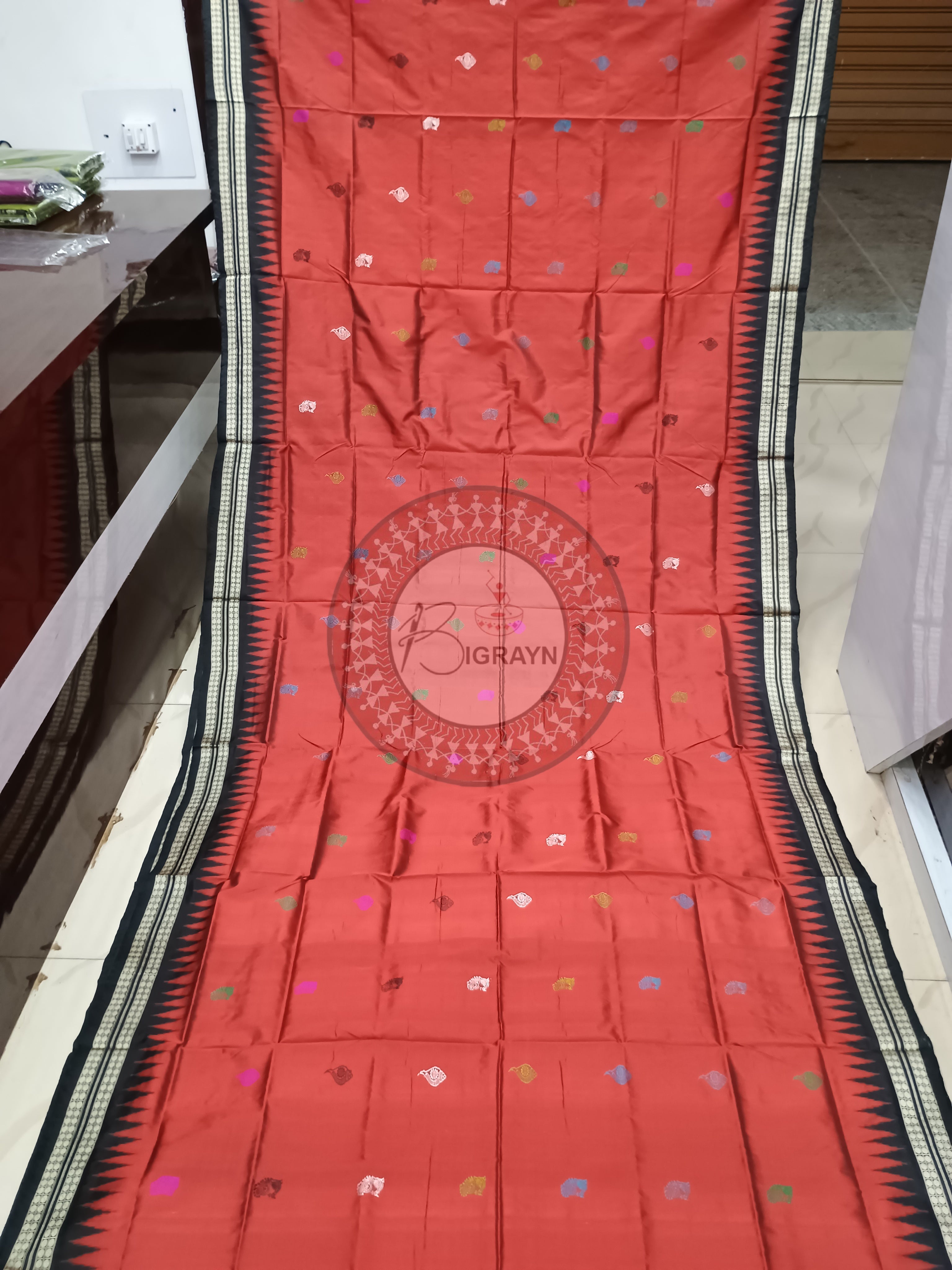 Maroon Black Sankha Peacock Bomkai Silk Saree