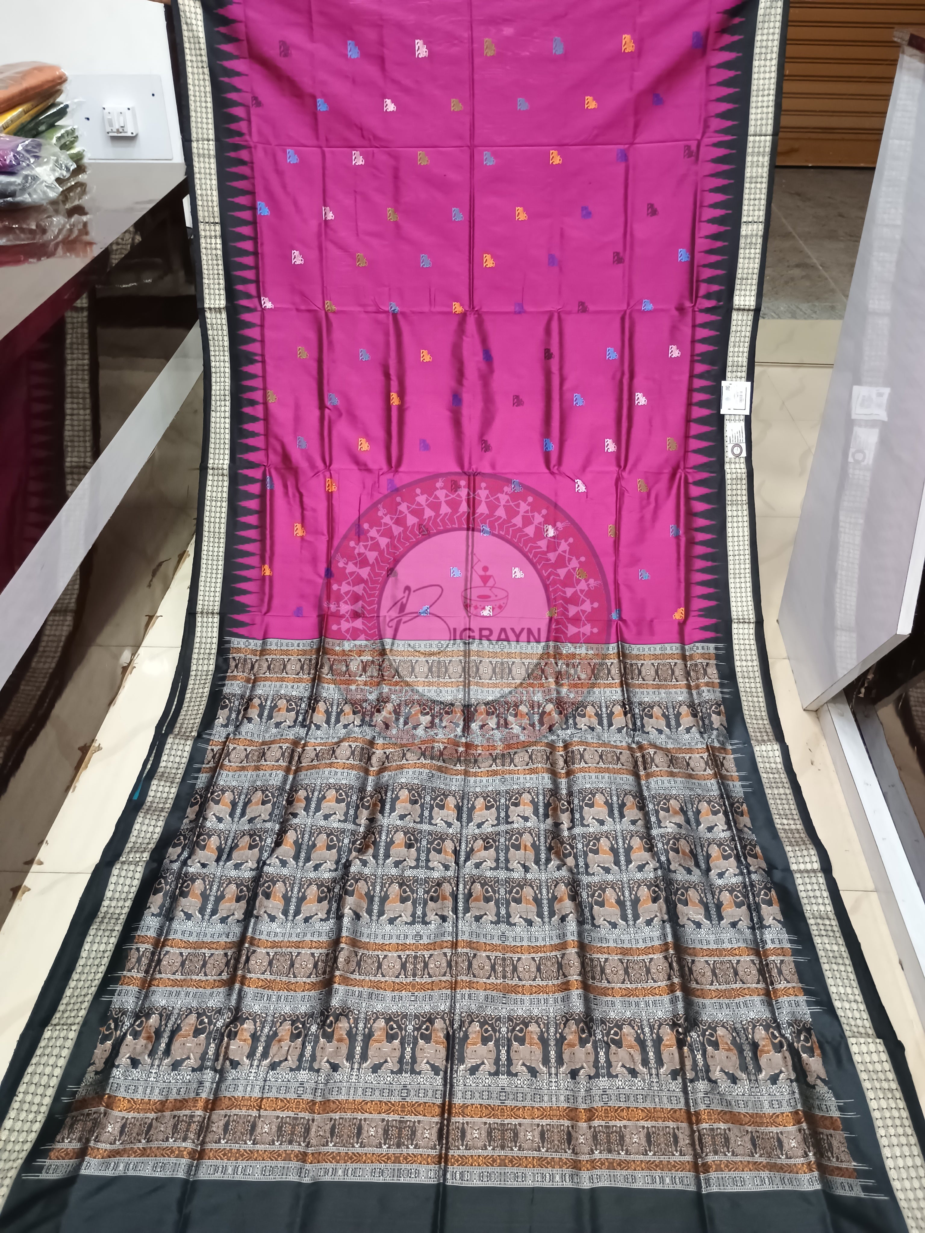 Magenta Black Lion Bomkai Silk Saree