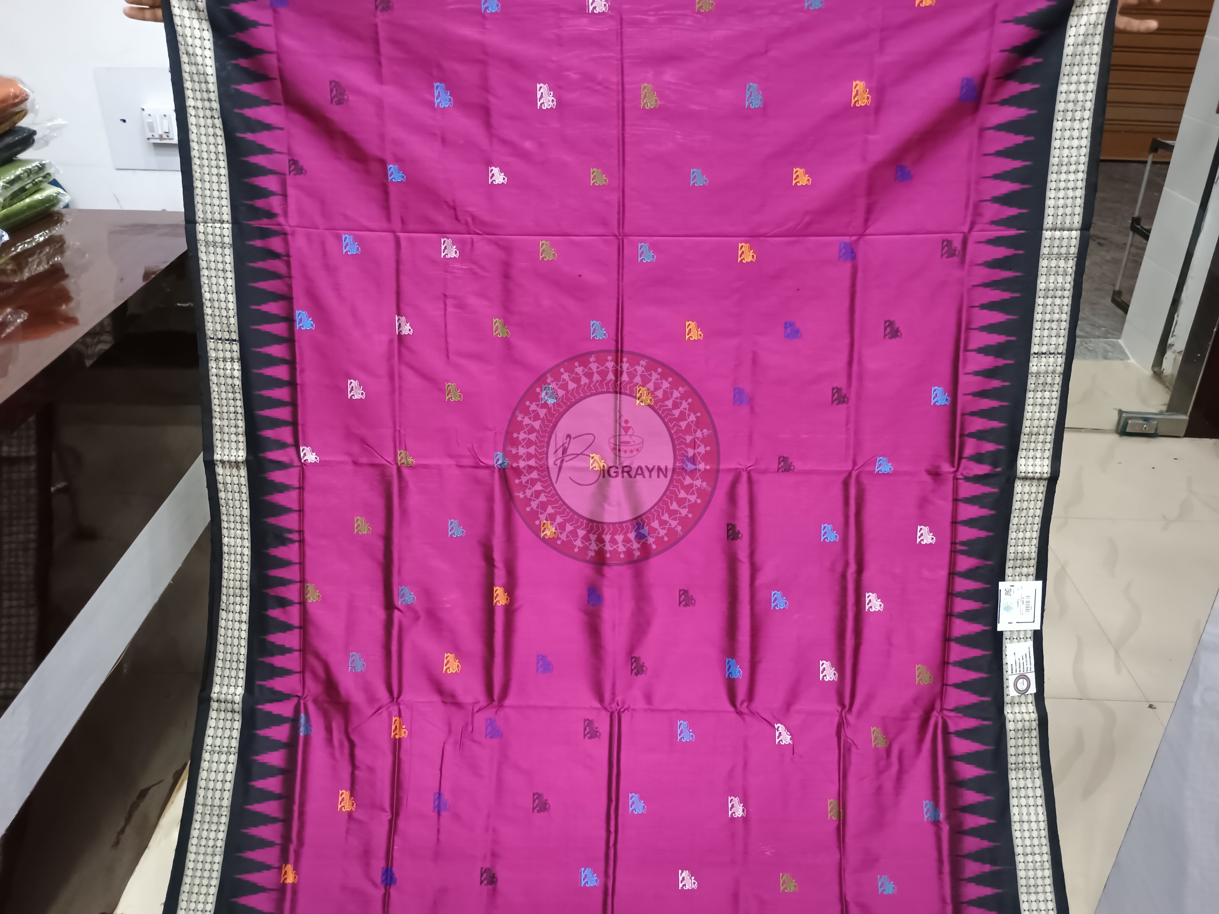 Magenta Black Lion Bomkai Silk Saree
