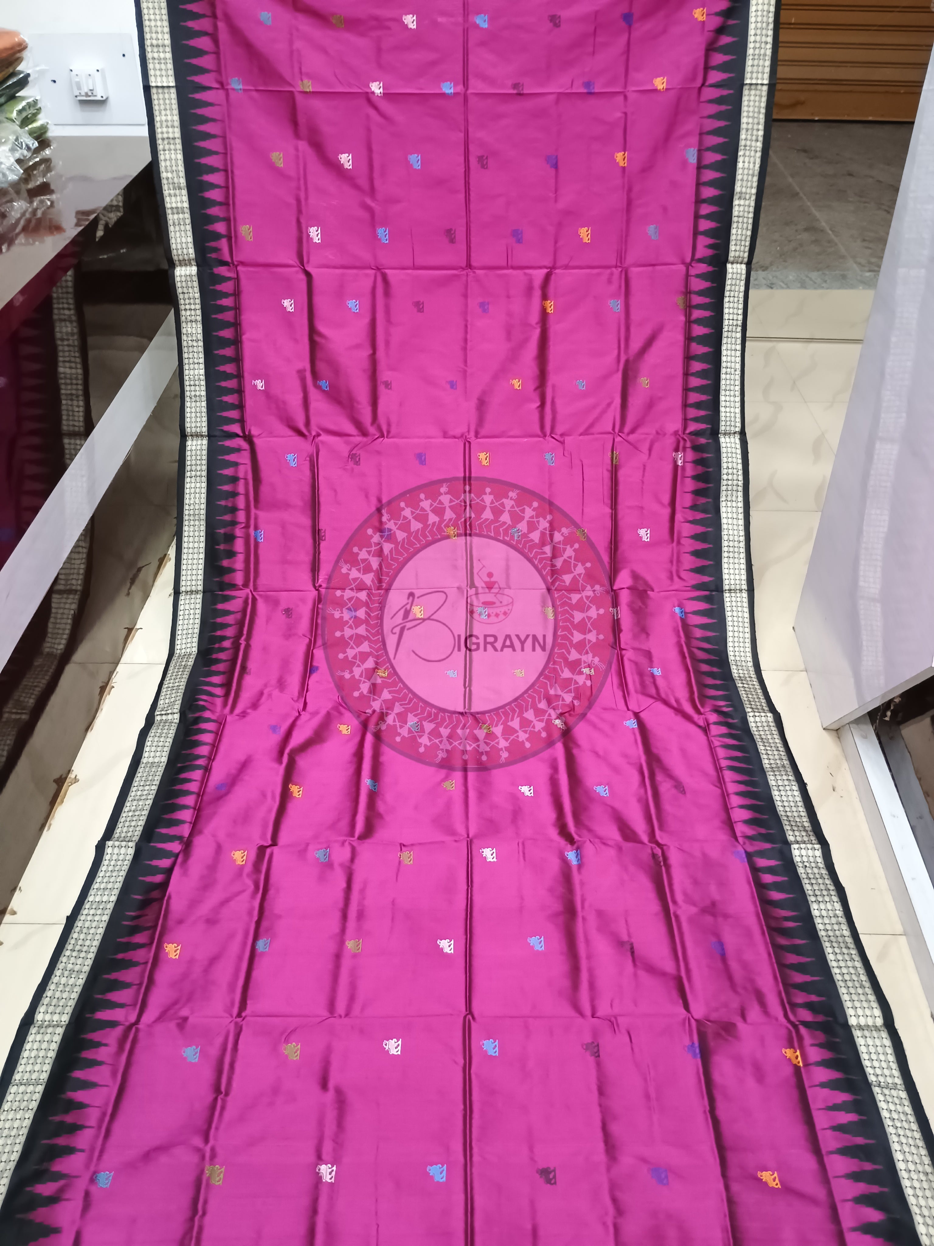 Magenta Black Lion Bomkai Silk Saree