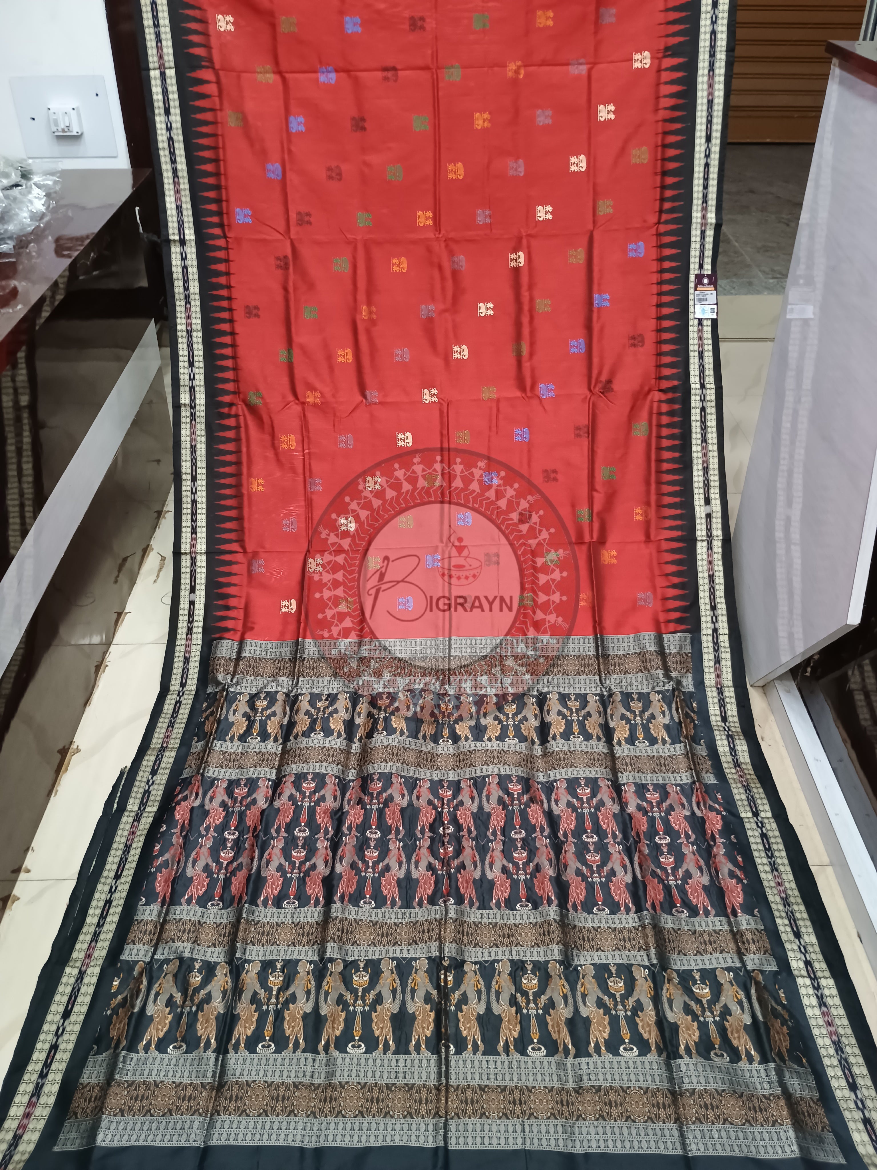 Maroon Black Tribal Bomkai Silk Saree
