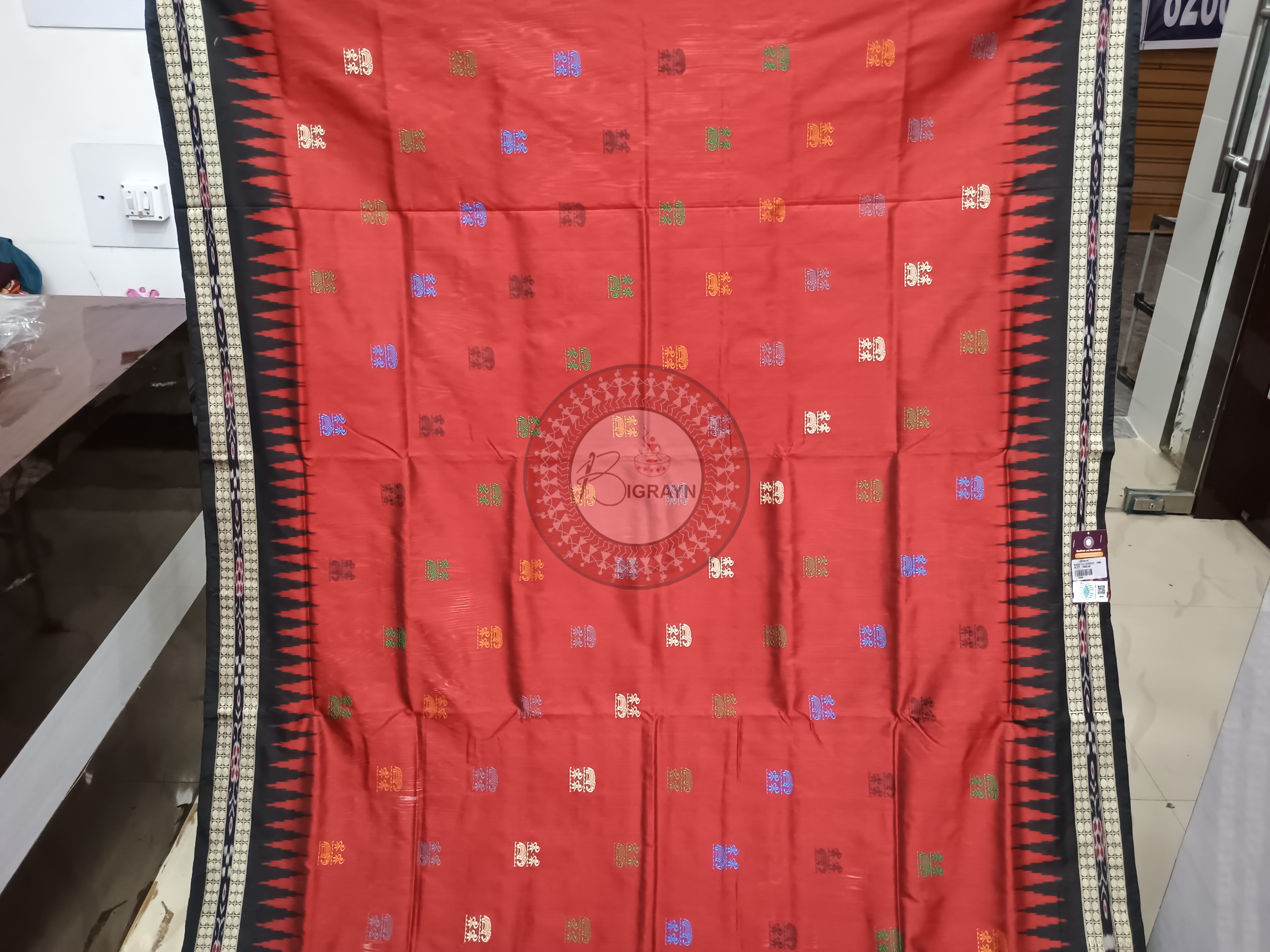 Maroon Black Tribal Bomkai Silk Saree