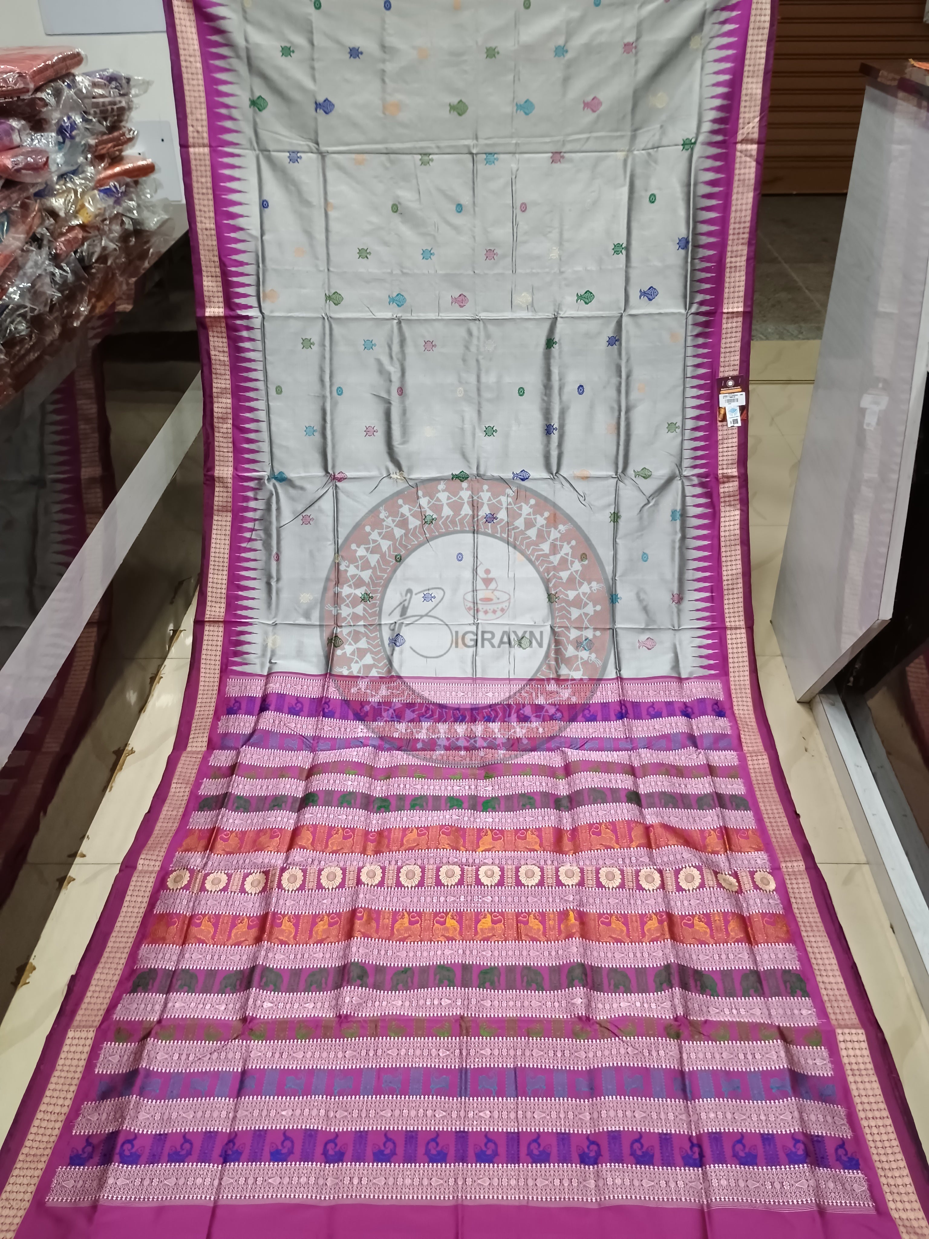 Grey Pink Fish turtle Bomkai Silk Saree
