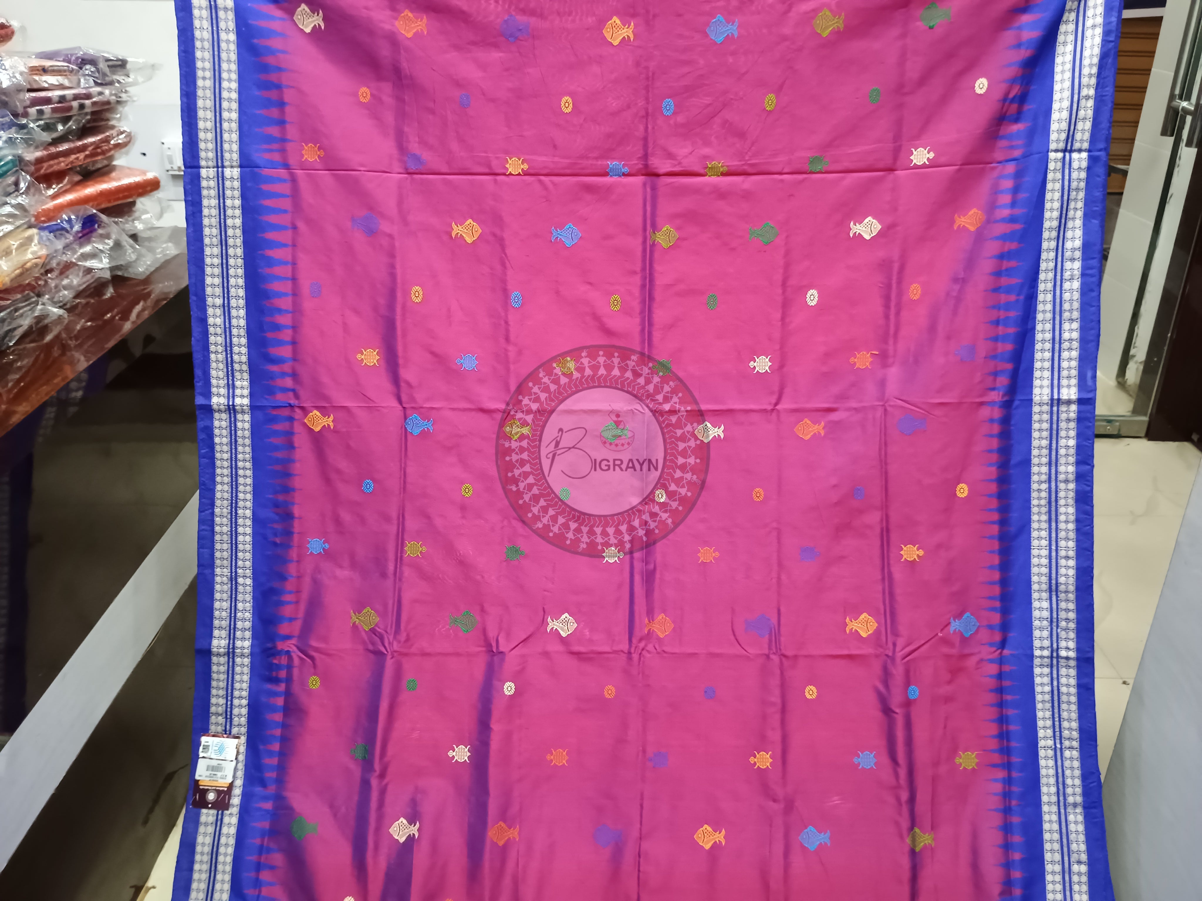 Magenta Blue Fish Turtle Bomkai Silk Saree