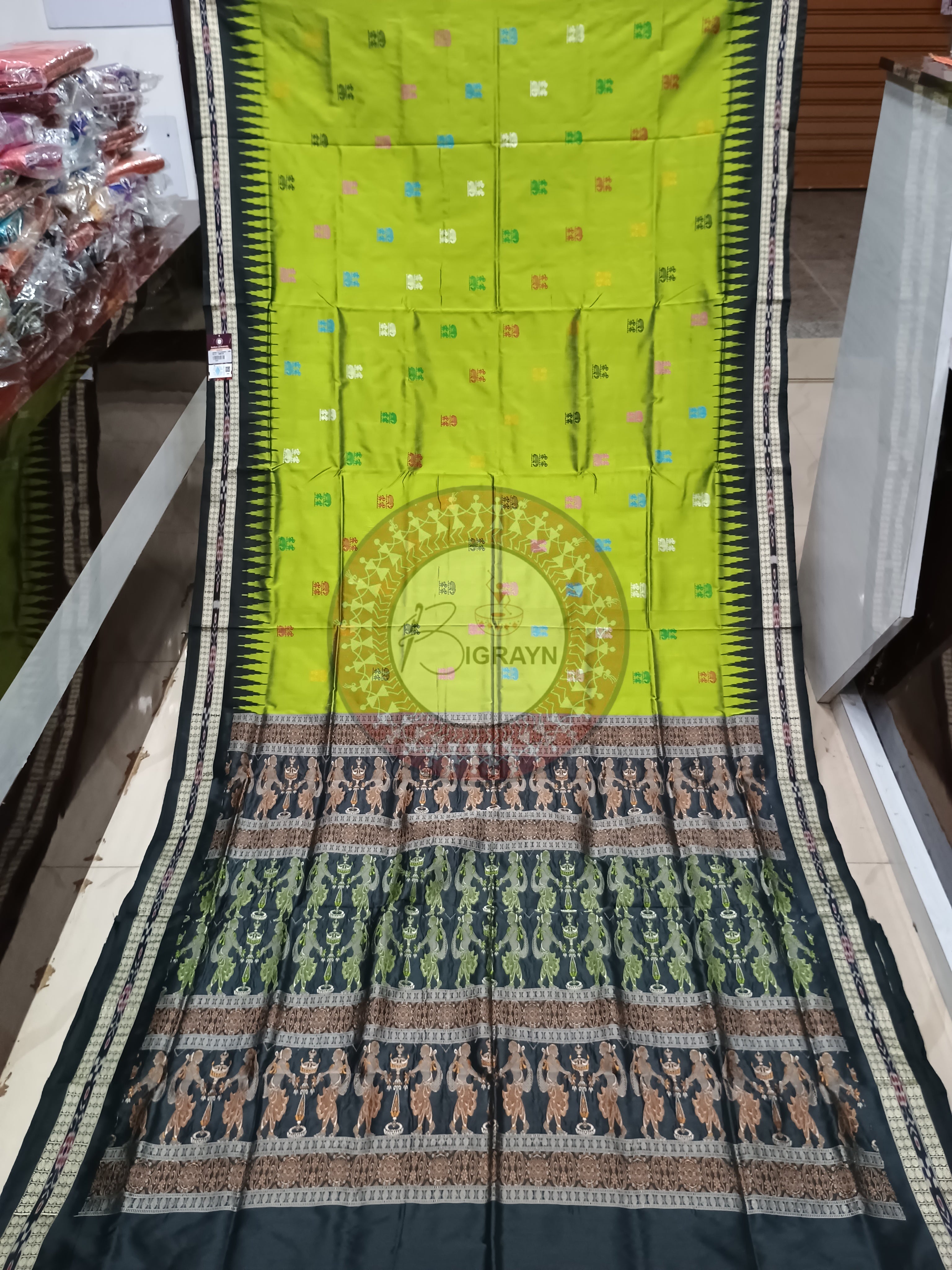 Mehendi Green Black Tribal Bomkai Silk Saree