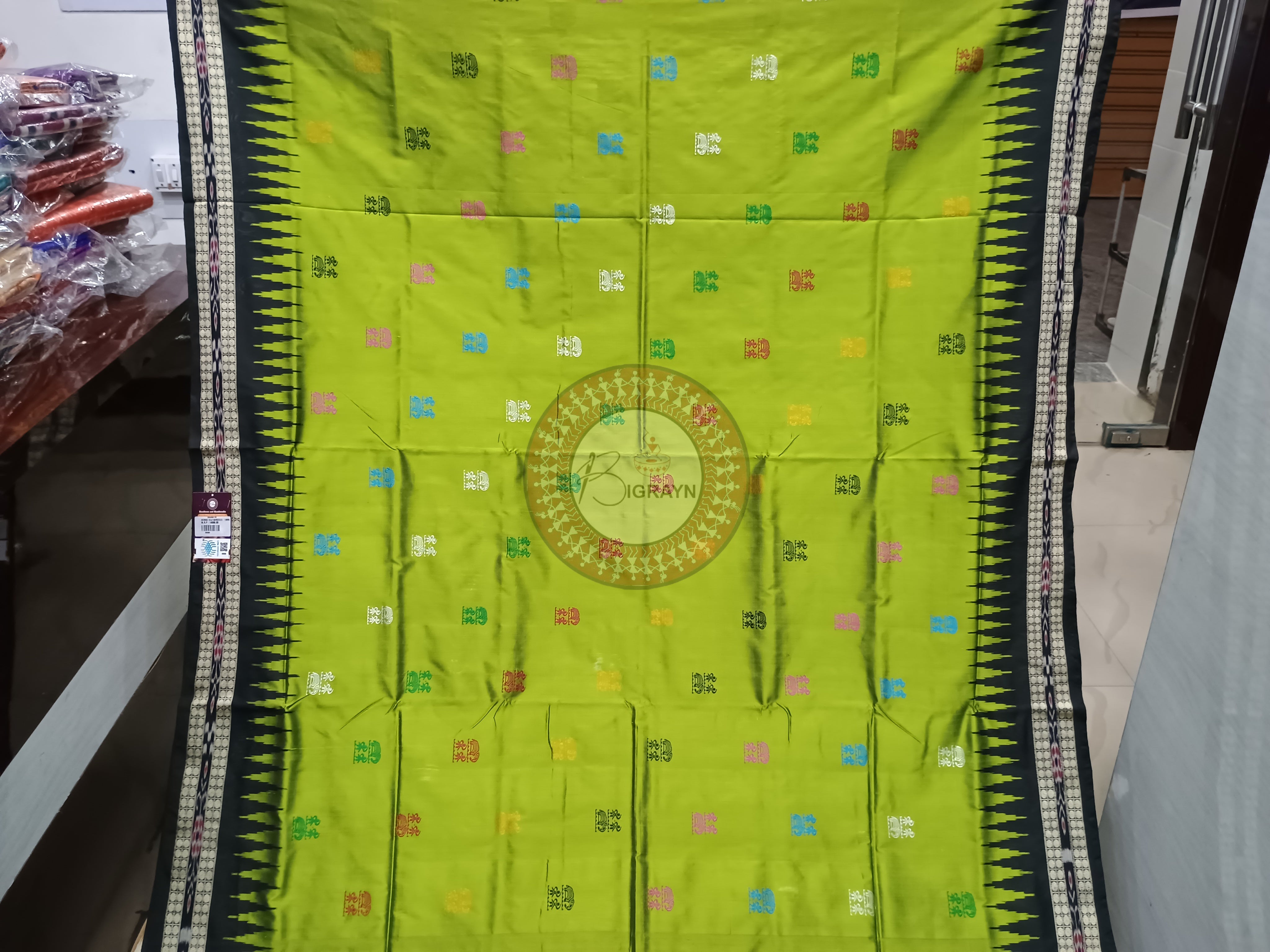 Mehendi Green Black Tribal Bomkai Silk Saree