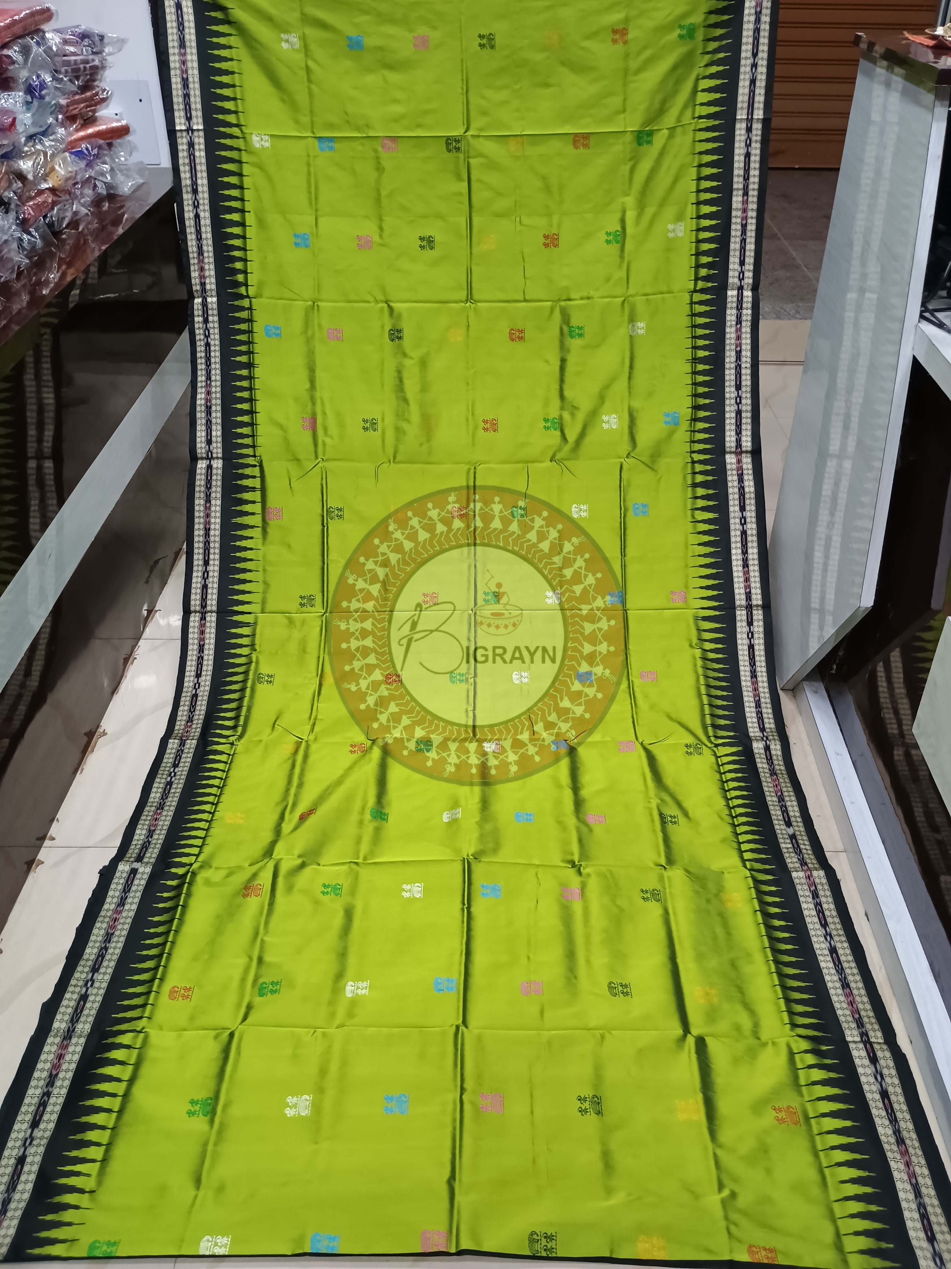Mehendi Green Black Tribal Bomkai Silk Saree