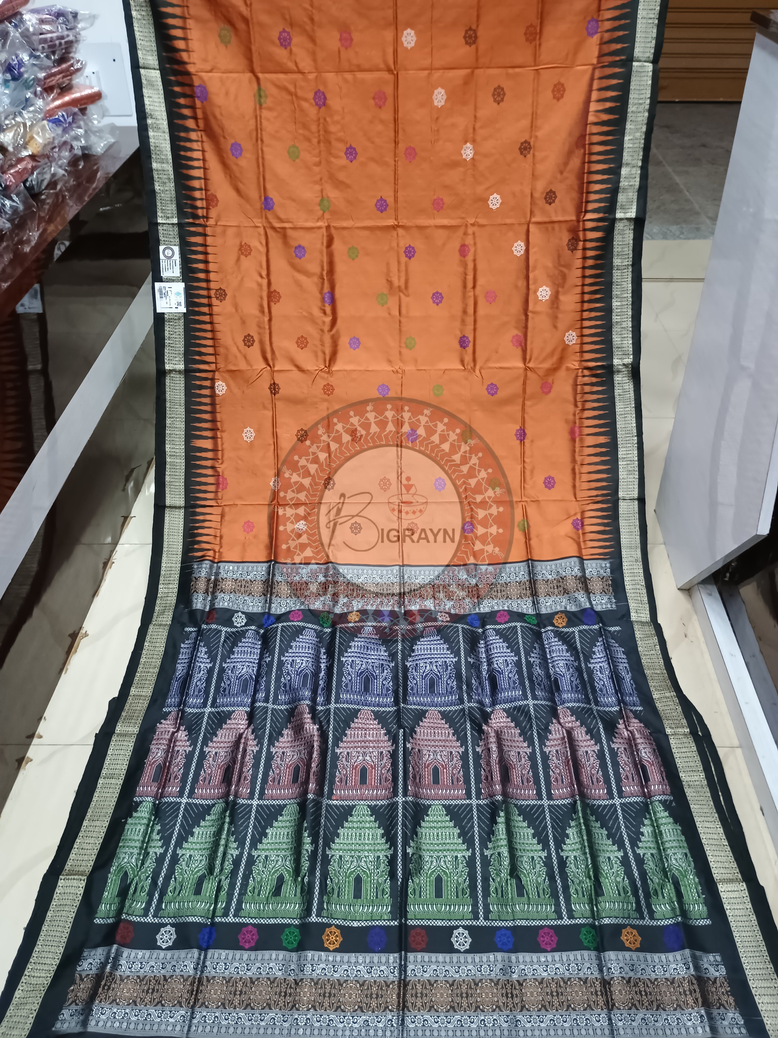 Rust Black Konark Bomkai Silk Saree