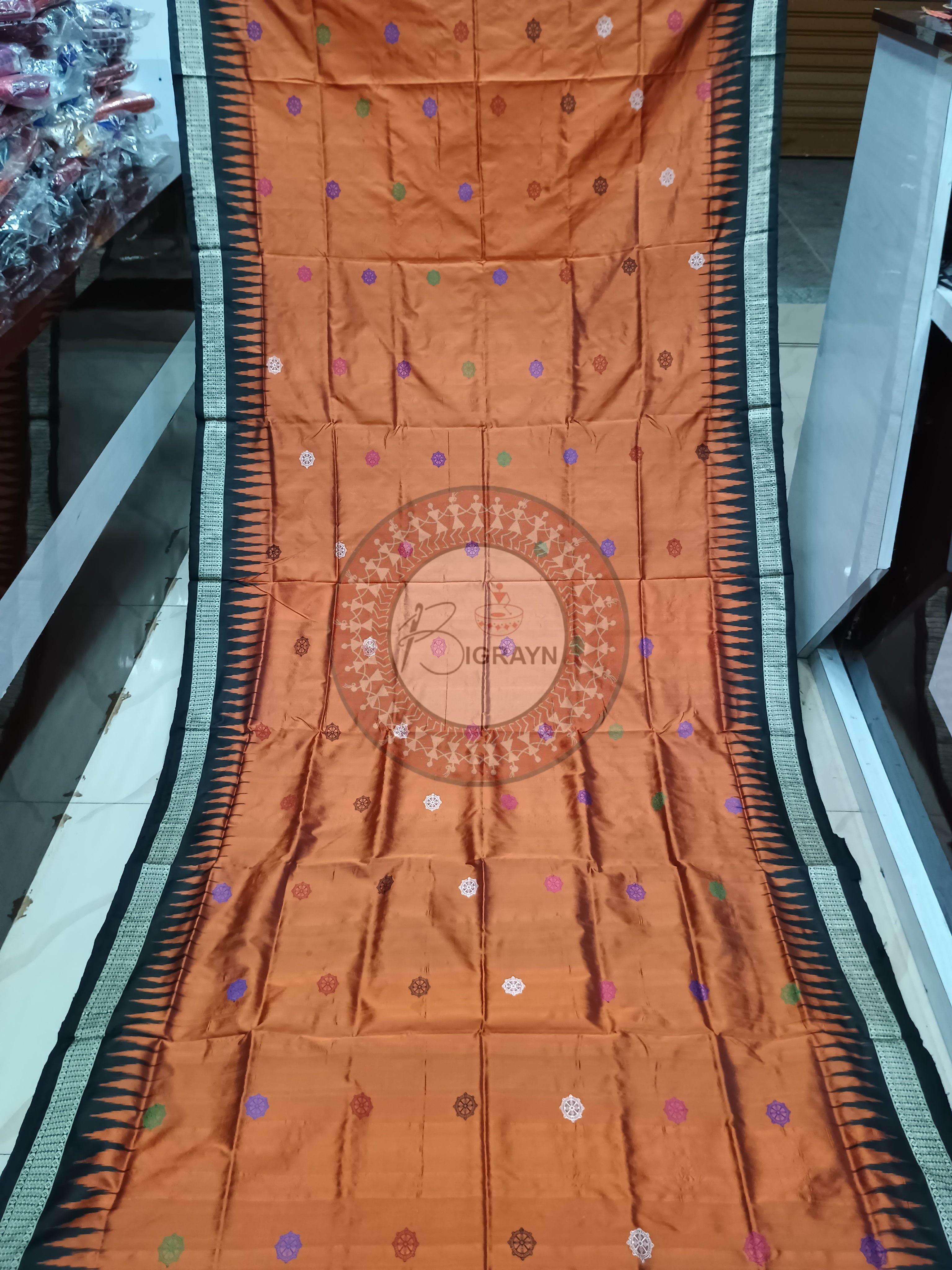 Rust Black Konark Bomkai Silk Saree